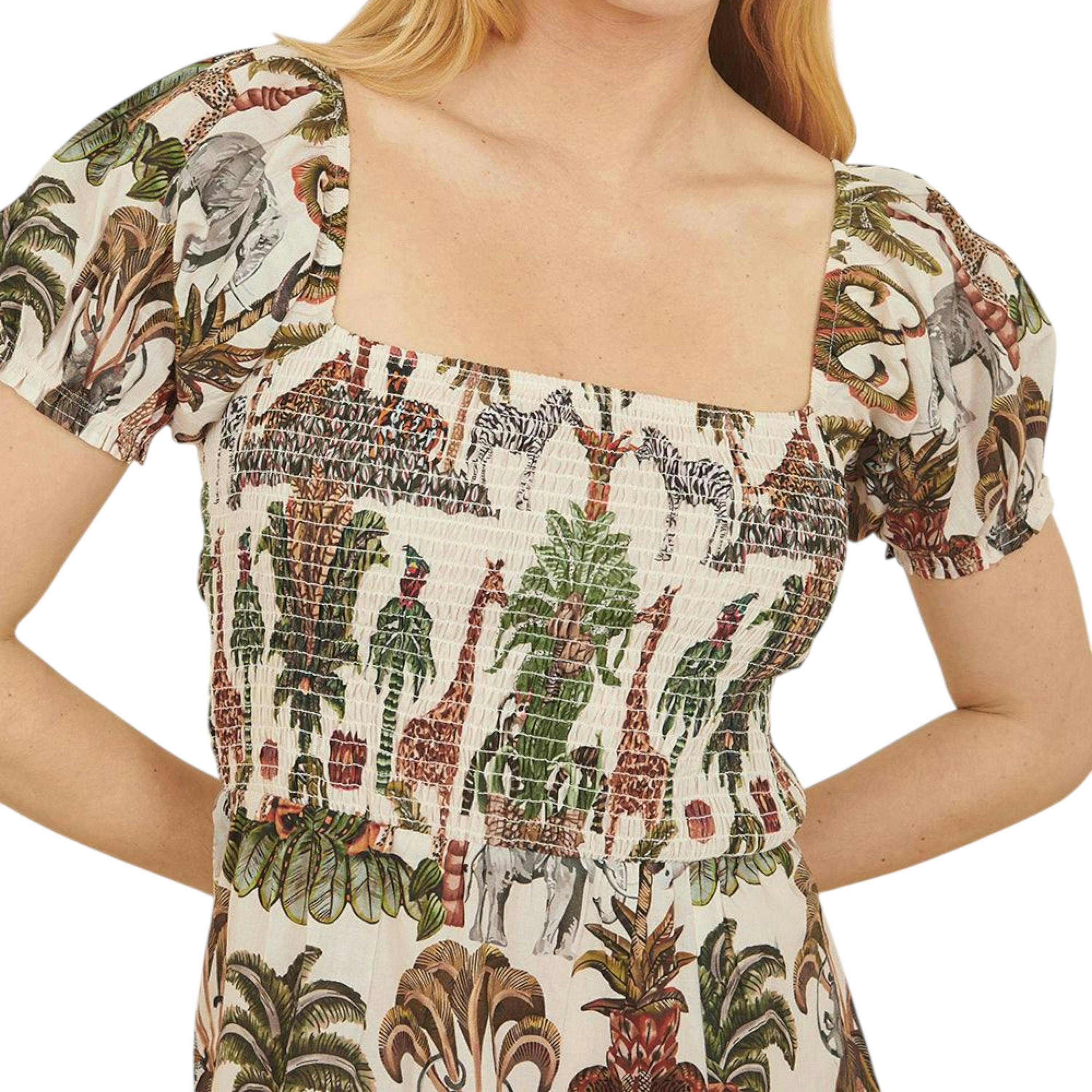 Yumi White Cotton Safari Print Ruched Midi Dress , view 2 of 4