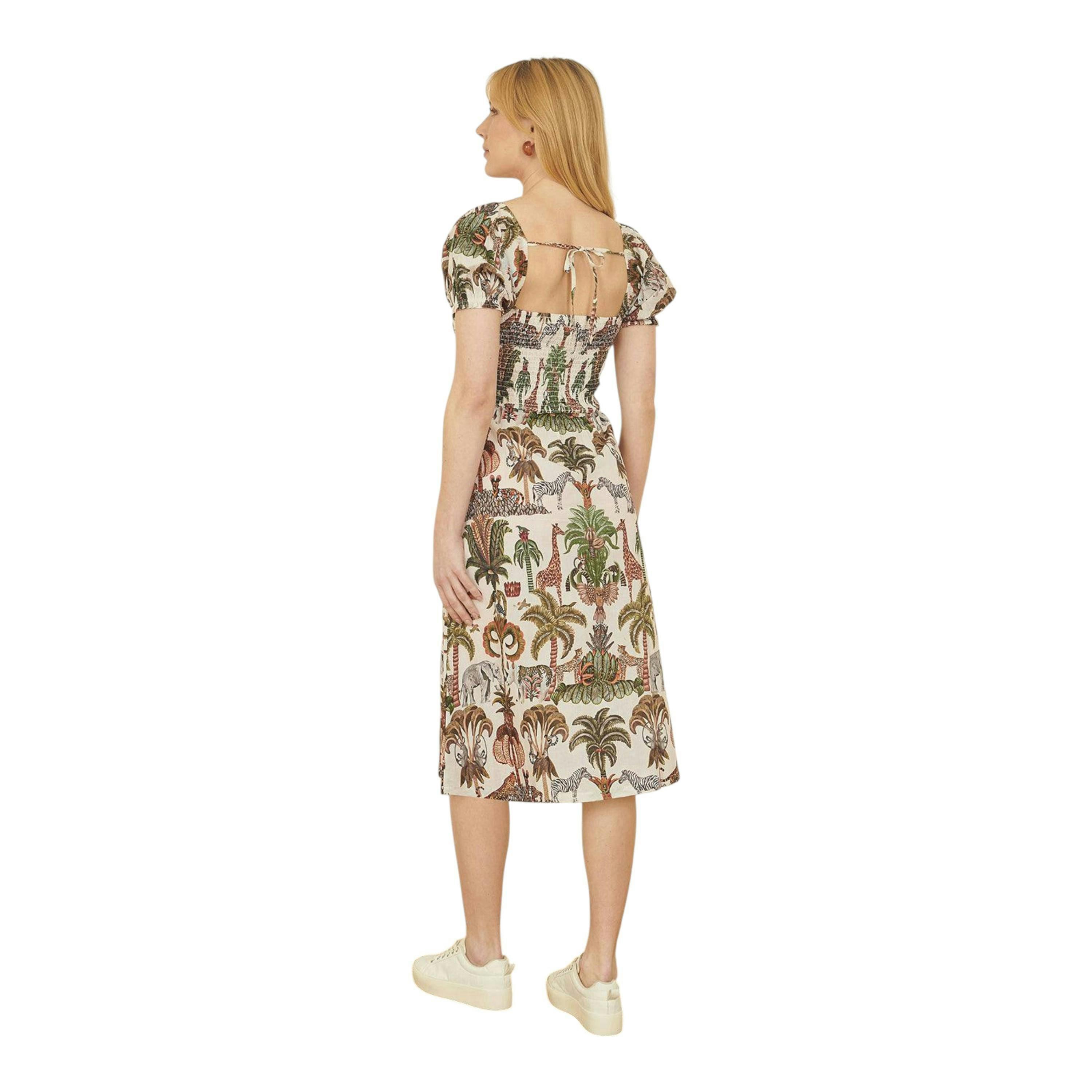 Yumi White Cotton Safari Print Ruched Midi Dress , view 3 of 4
