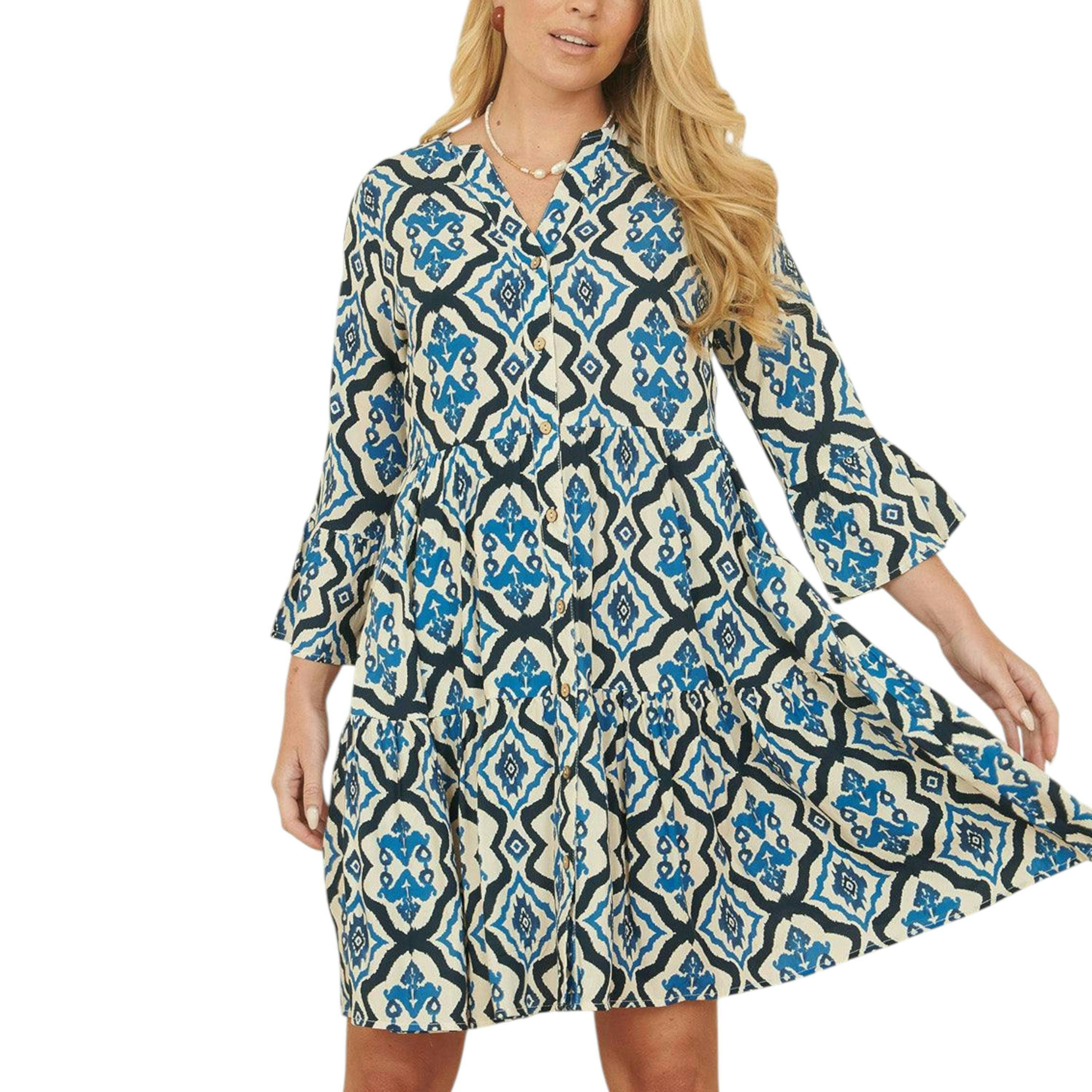 Yumi Viscose Blue Ikat Print 3/4 Sleeve Tunic Dress , view 1 of 5