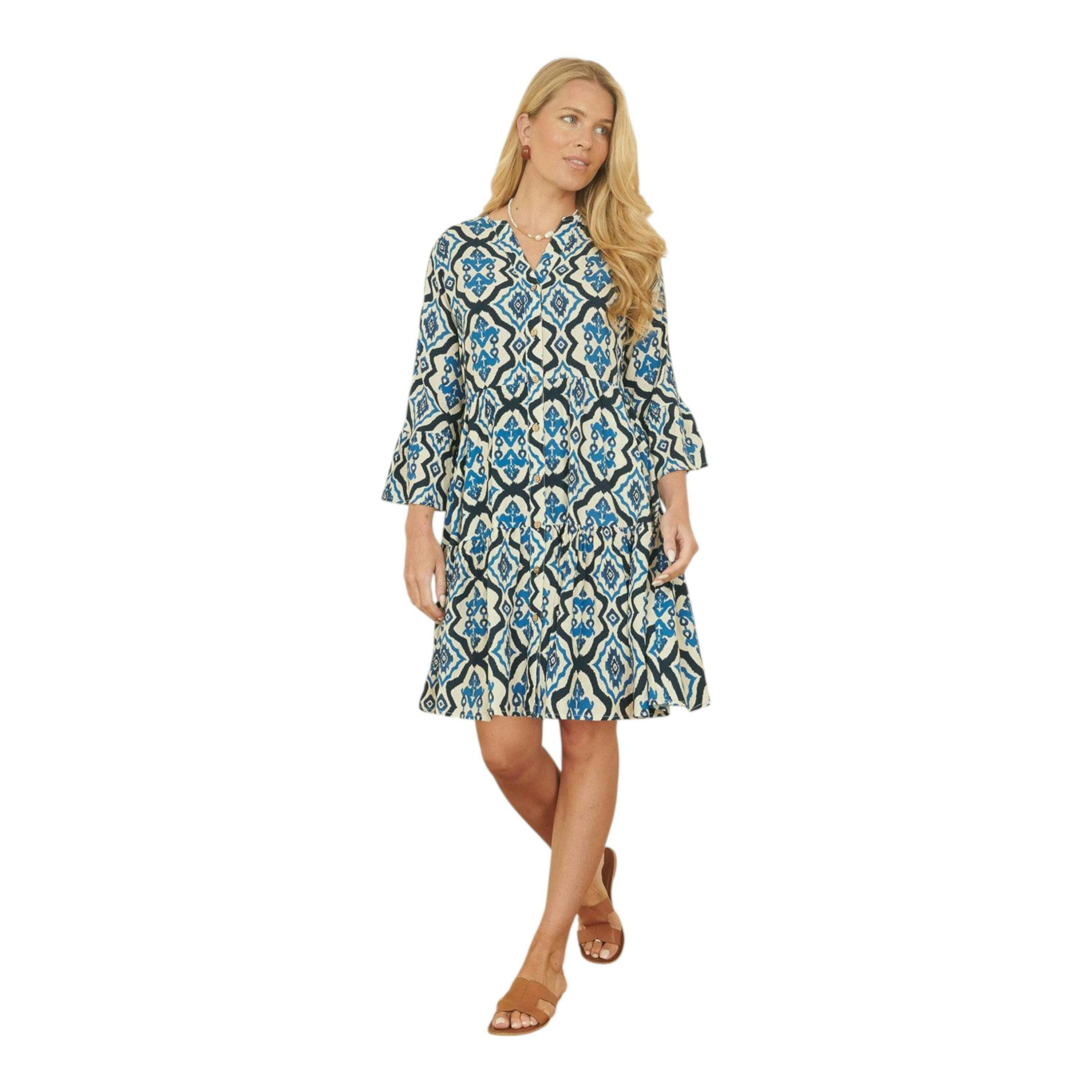Yumi Viscose Blue Ikat Print 3/4 Sleeve Tunic Dress , view 3 of 5