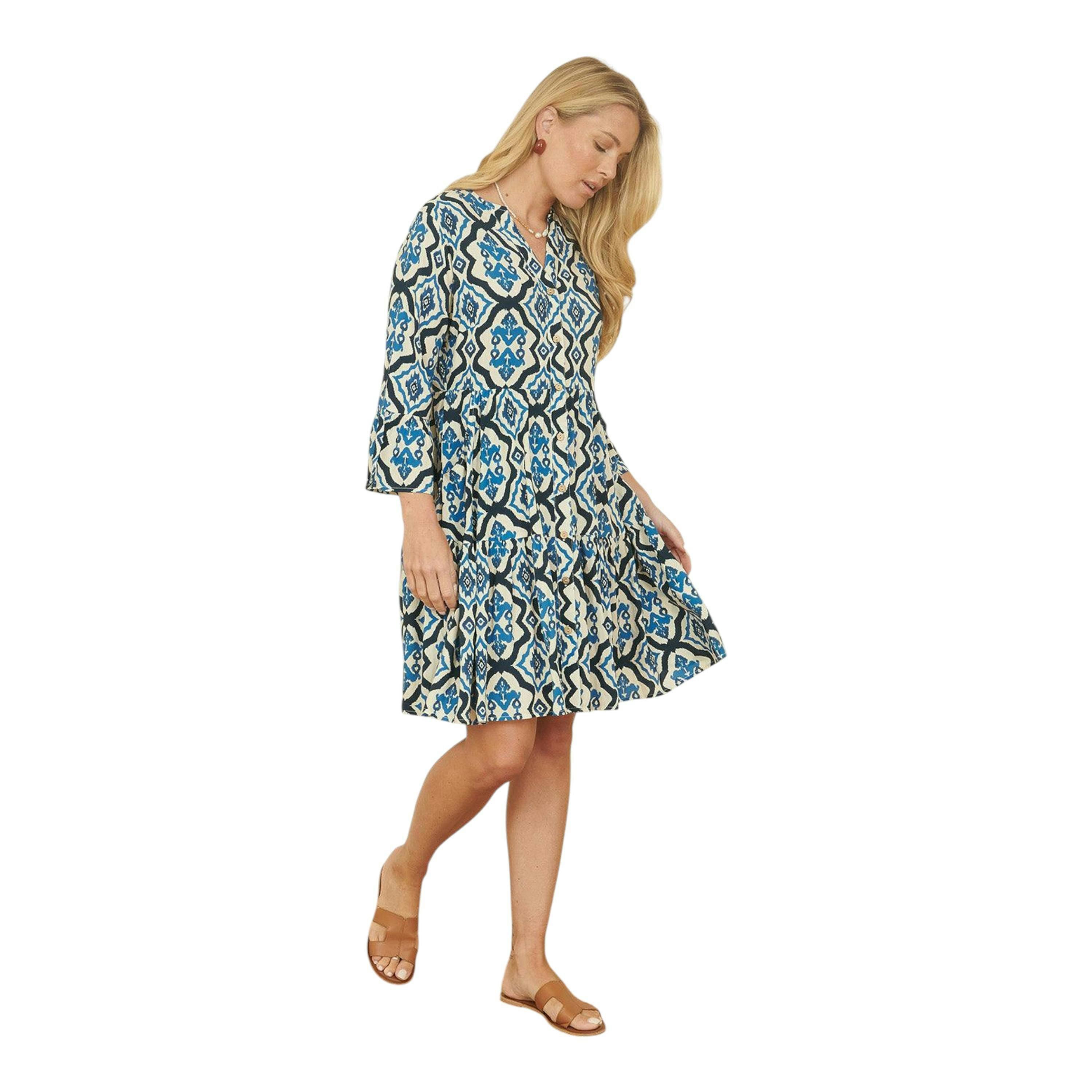 Yumi Viscose Blue Ikat Print 3/4 Sleeve Tunic Dress , view 4 of 5