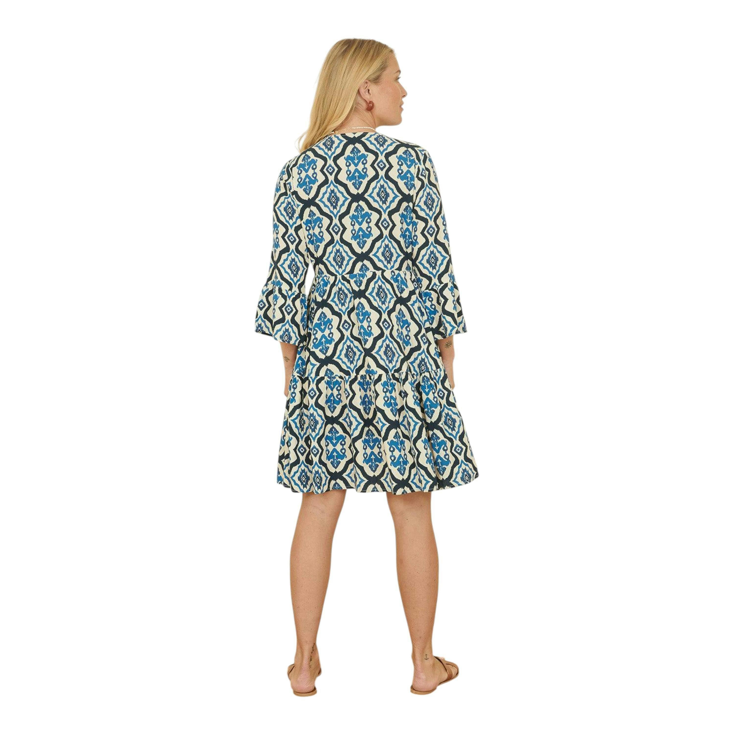 Yumi Viscose Blue Ikat Print 3/4 Sleeve Tunic Dress , view 5 of 5