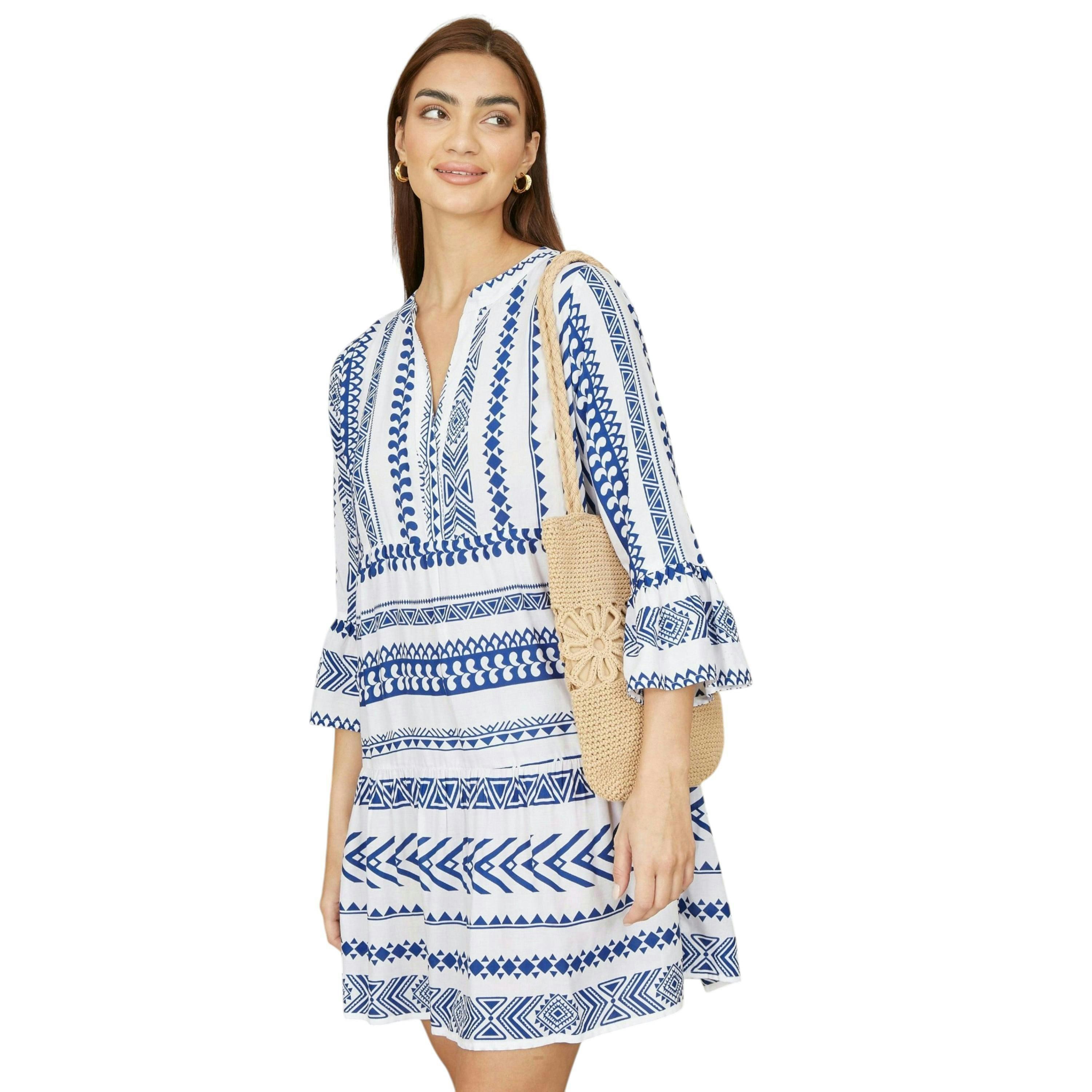 Yumi Blue Geo Stripe Print Beach Tunic , view 1 of 5