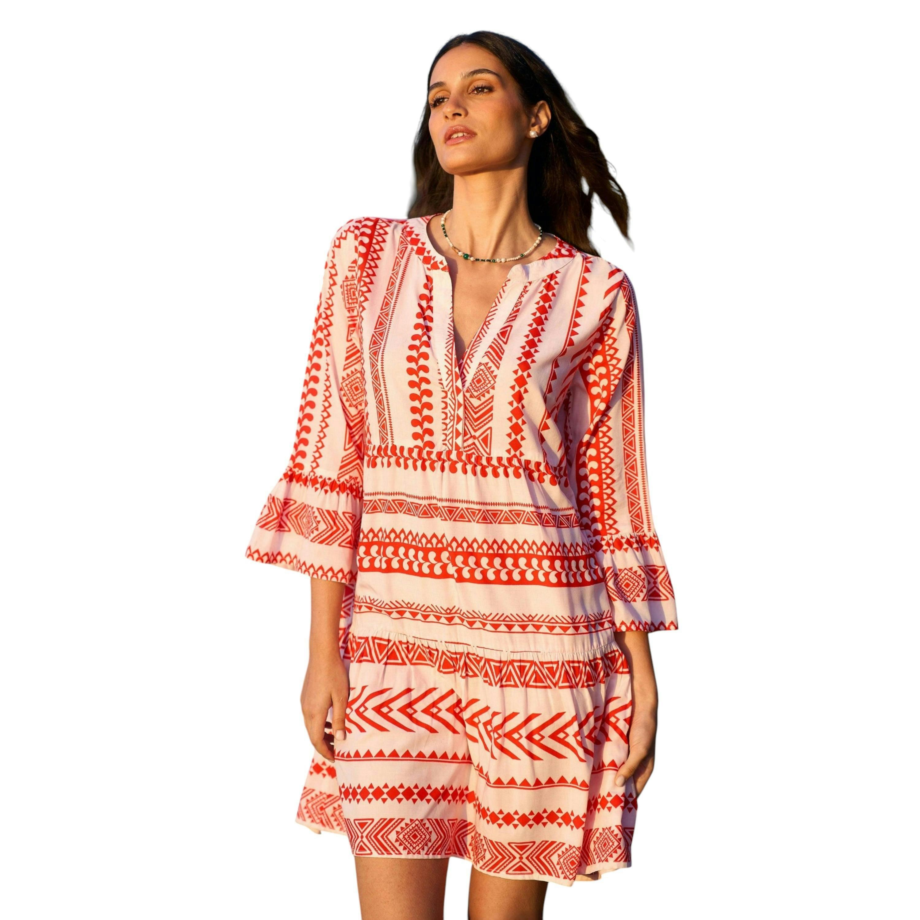 Yumi Coral Geo Stripe Print Beach Tunic , view 1 of 6
