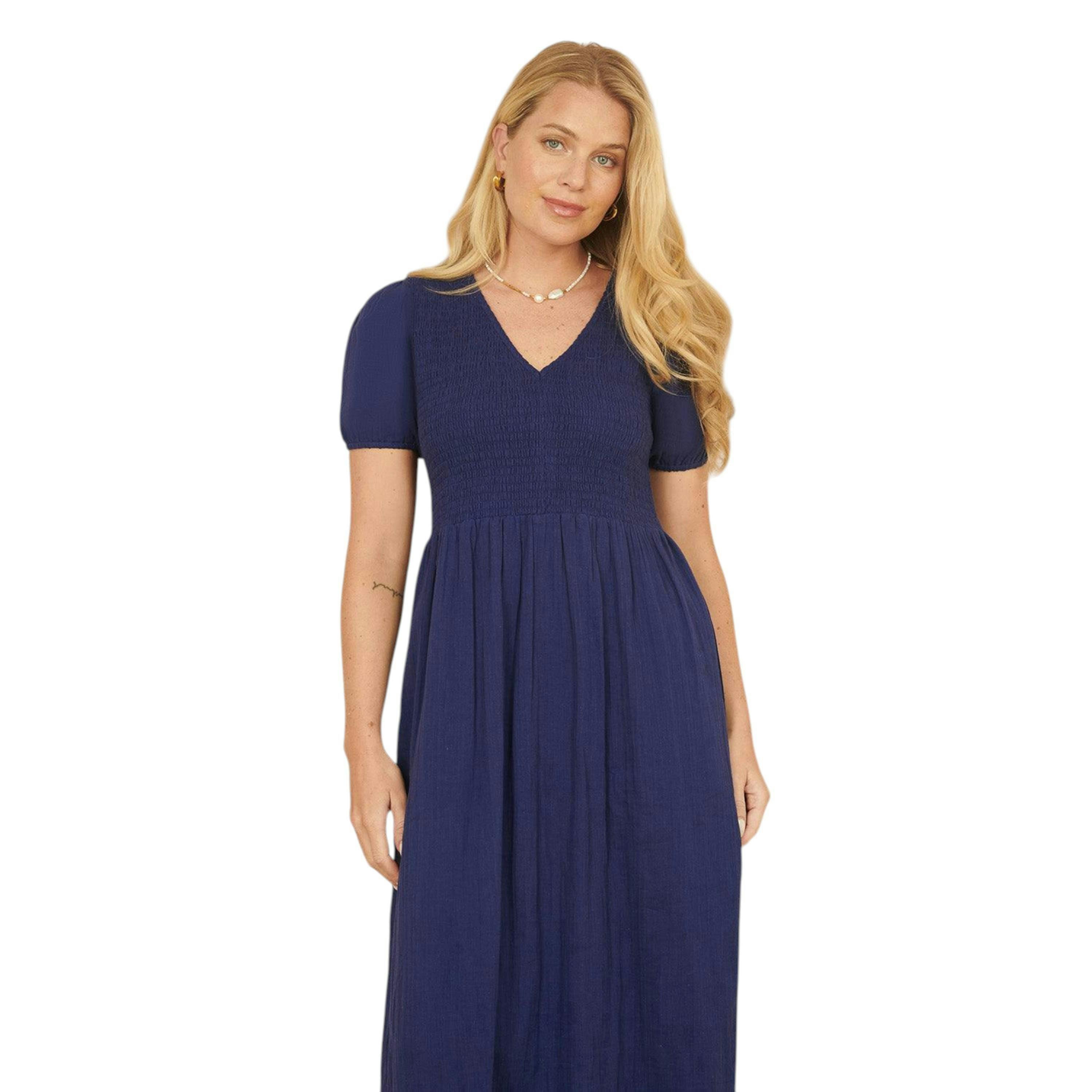 Yumi Navy Double Cotton Ruched Midi Dress , view 1 of 4