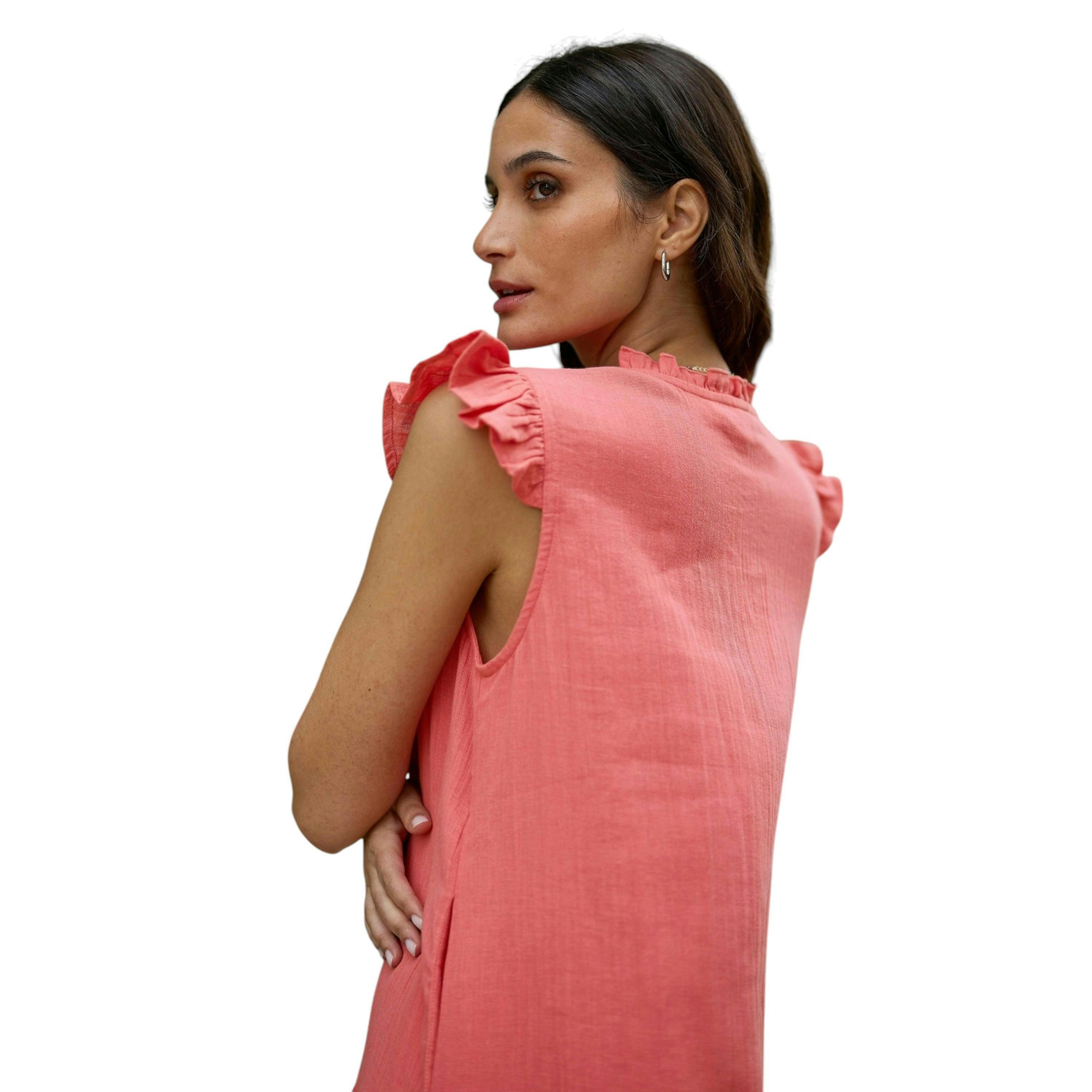Yumi Coral Double Cotton Tunic With Frill Sleeves , view 5 of 5