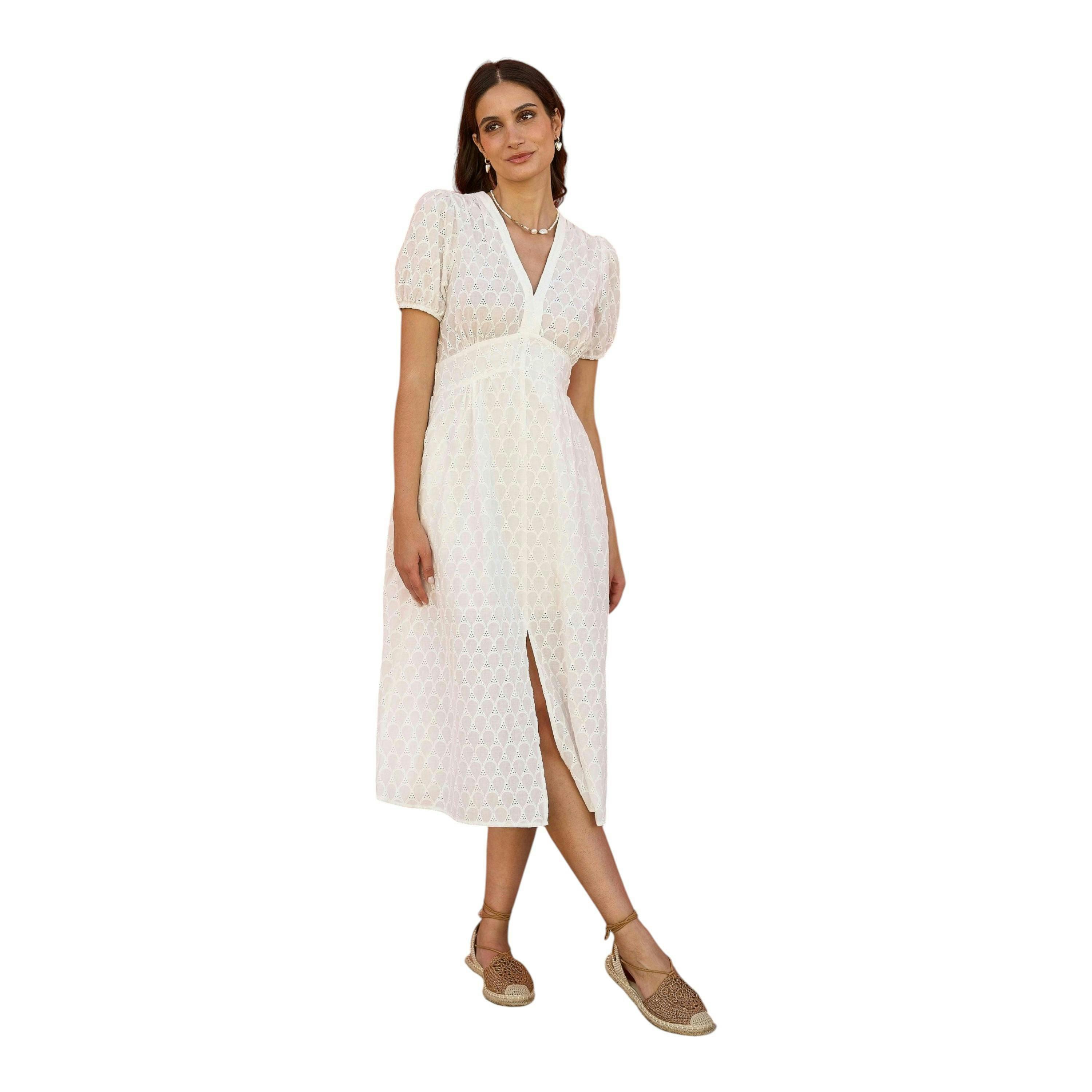 Yumi White Broderie Anglaise Midi Dress With Split Hemline , view 1 of 5