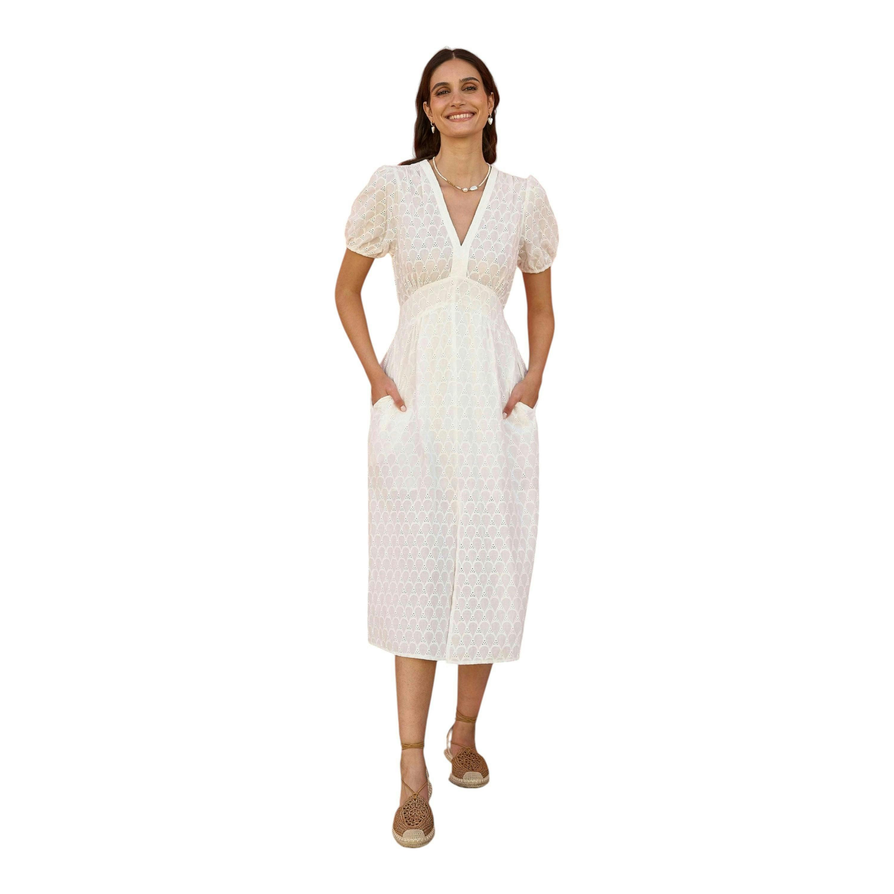 Yumi White Broderie Anglaise Midi Dress With Split Hemline , view 2 of 5