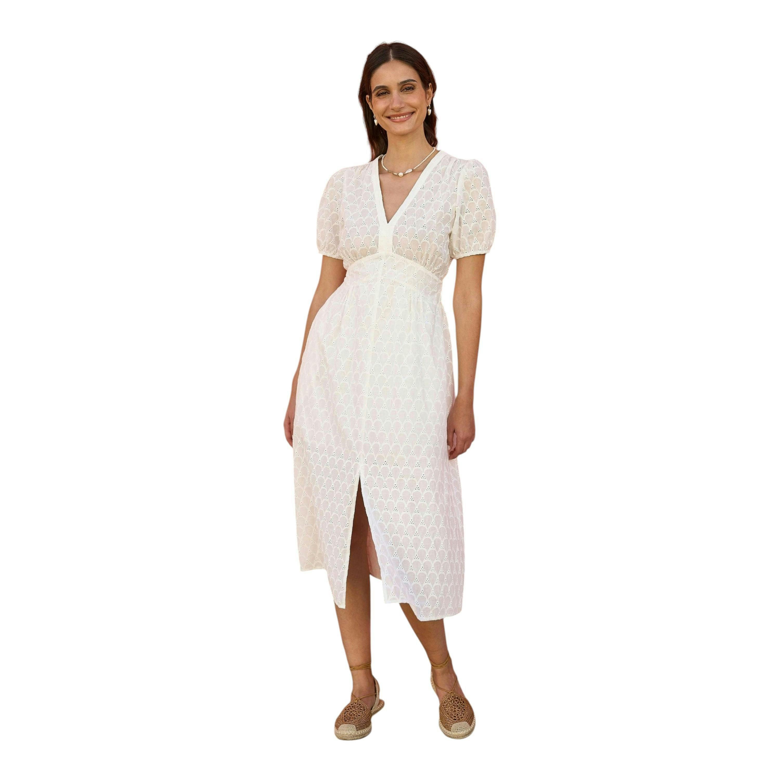 Yumi White Broderie Anglaise Midi Dress With Split Hemline , view 4 of 5