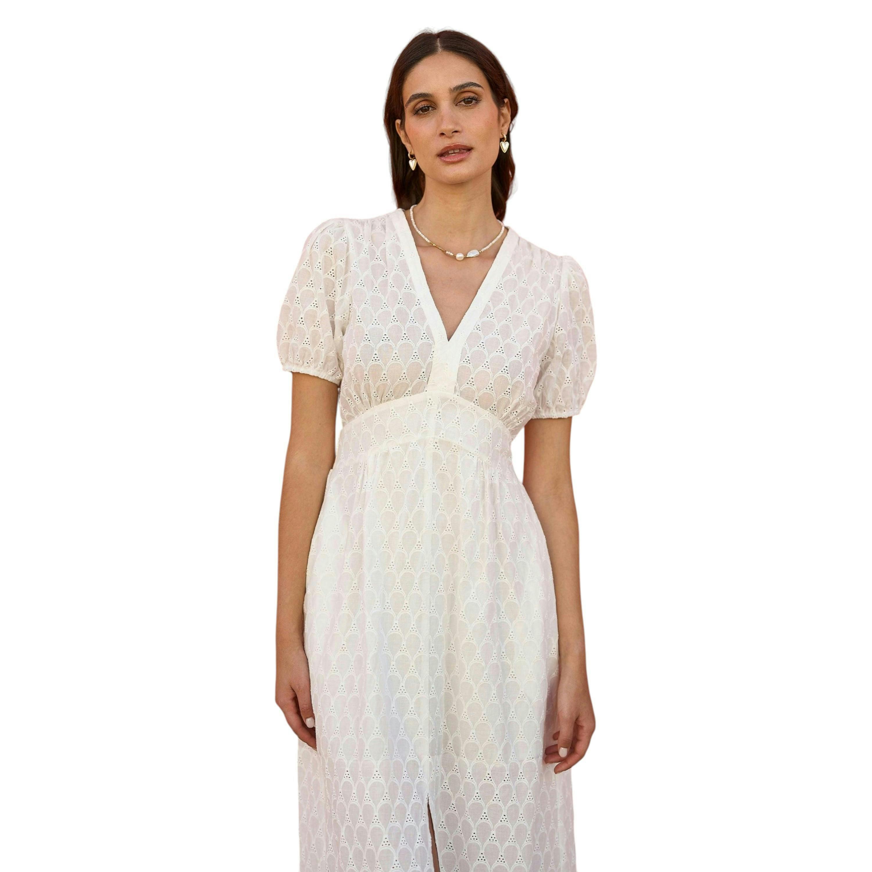 Yumi White Broderie Anglaise Midi Dress With Split Hemline , view 5 of 5