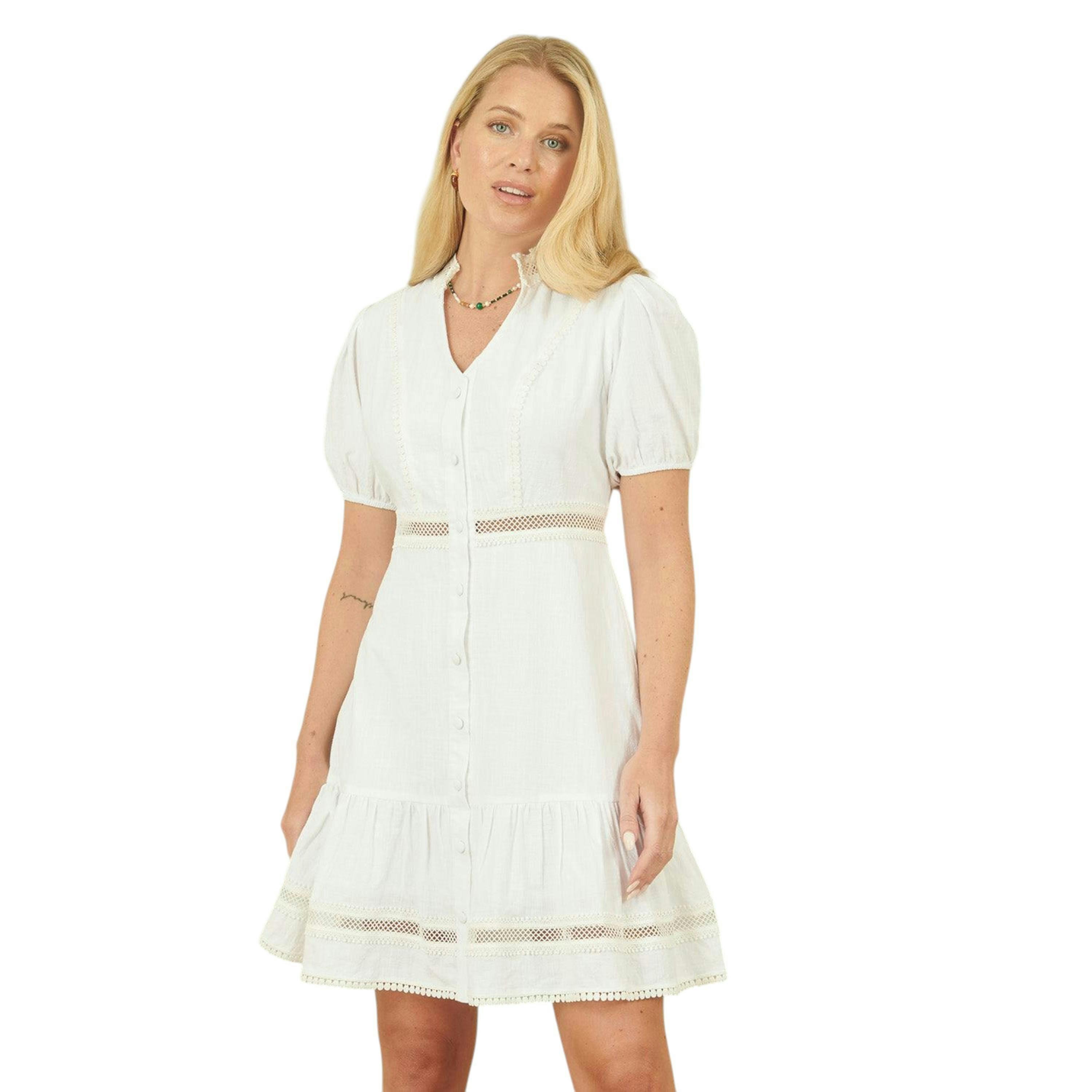 Yumi White Cotton Lace Trim Skater Shirt Dress , view 1 of 5