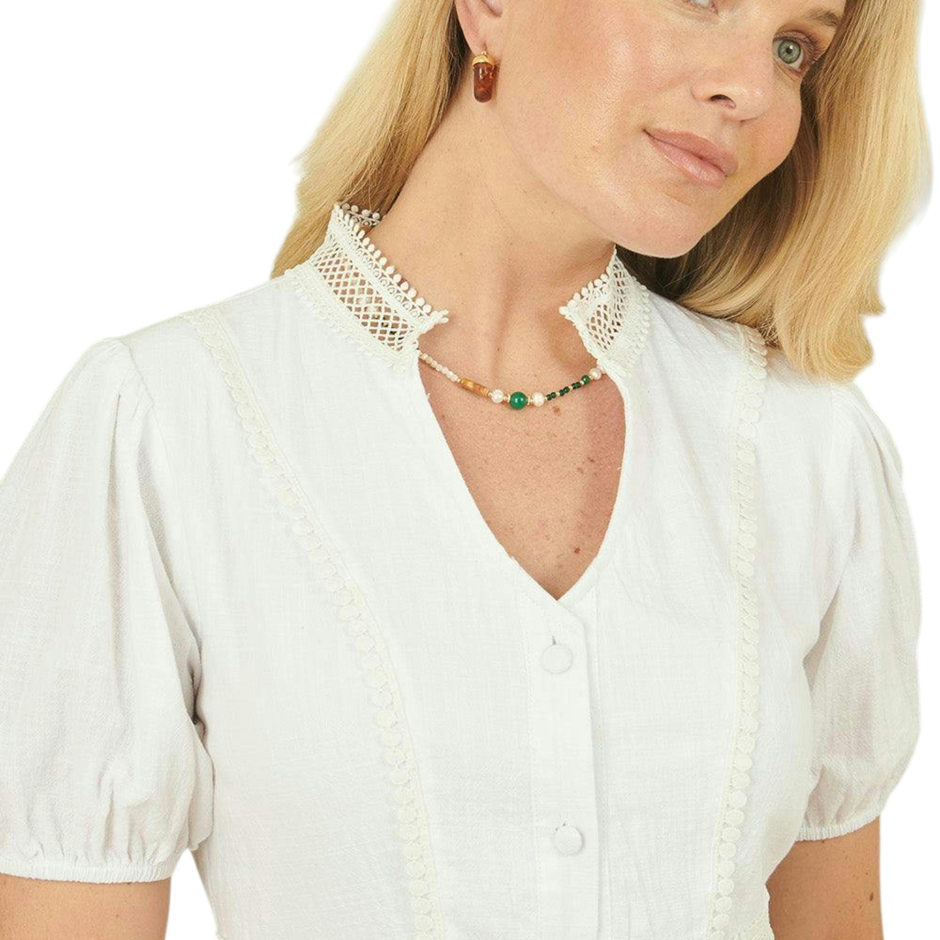 Yumi White Cotton Lace Trim Skater Shirt Dress , view 3 of 5