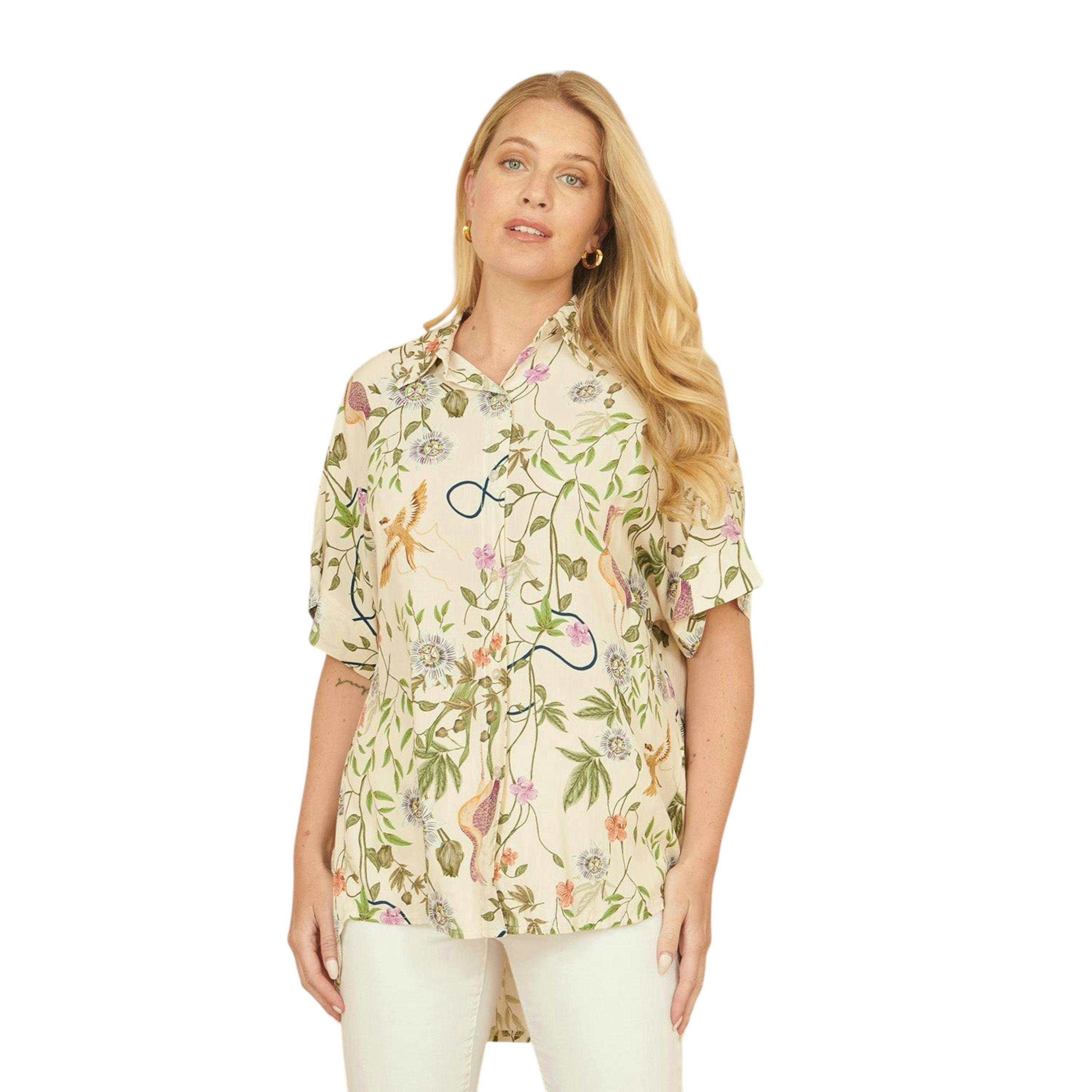 Yumi Beige Relaxed Fit Shirt With Botanical Print , view 1 of 4