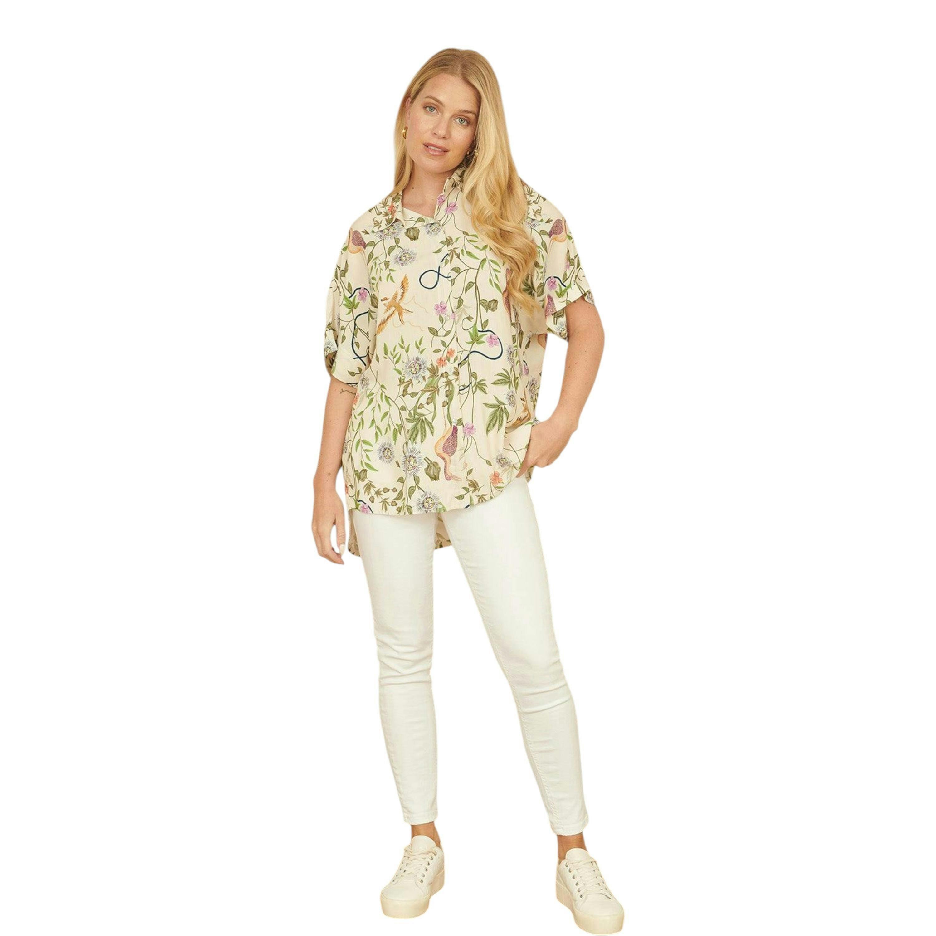 Yumi Beige Relaxed Fit Shirt With Botanical Print , view 2 of 4