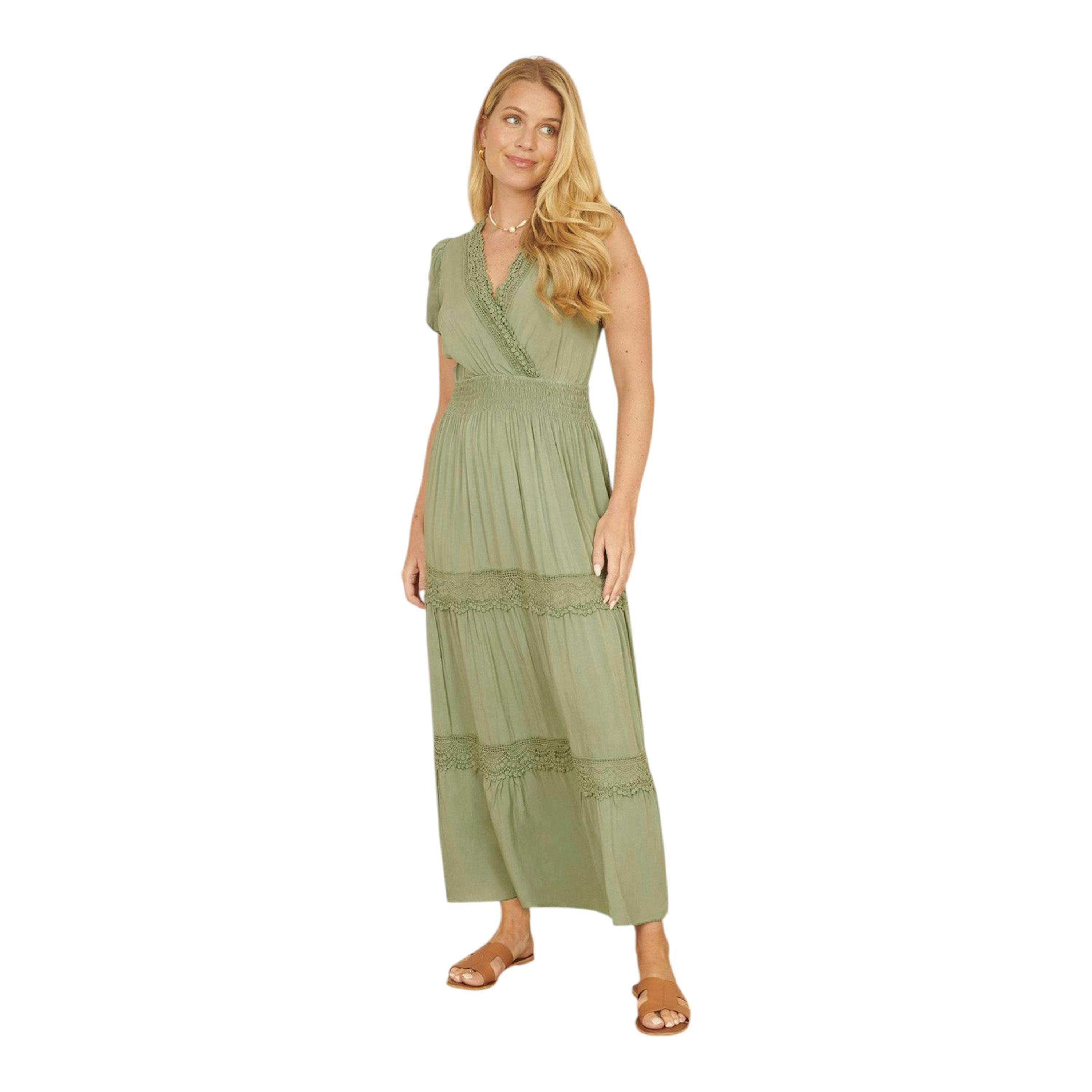 Yumi Green Viscose Lace Trim Wrap Maxi Dress , view 2 of 5