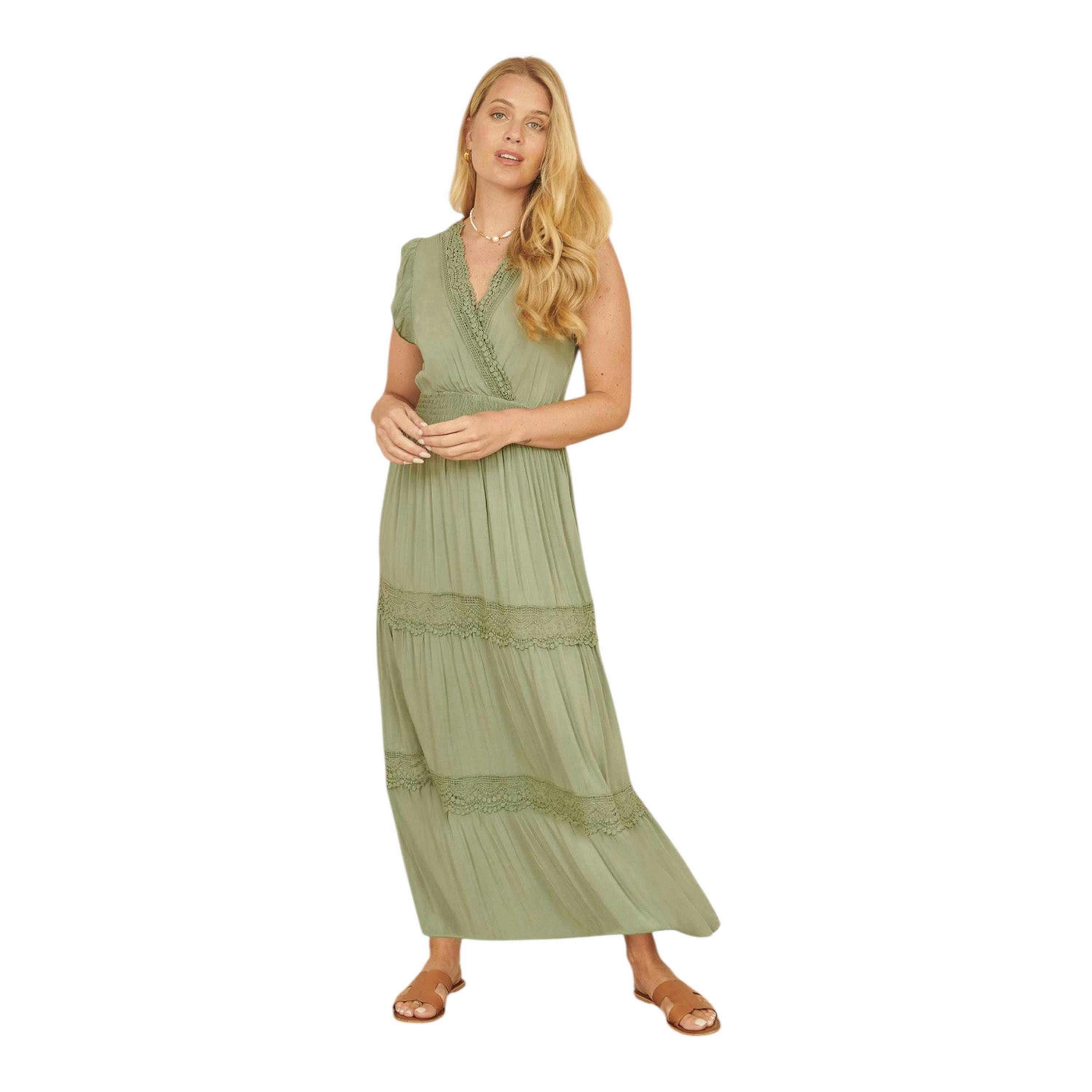 Yumi Green Viscose Lace Trim Wrap Maxi Dress , view 3 of 5