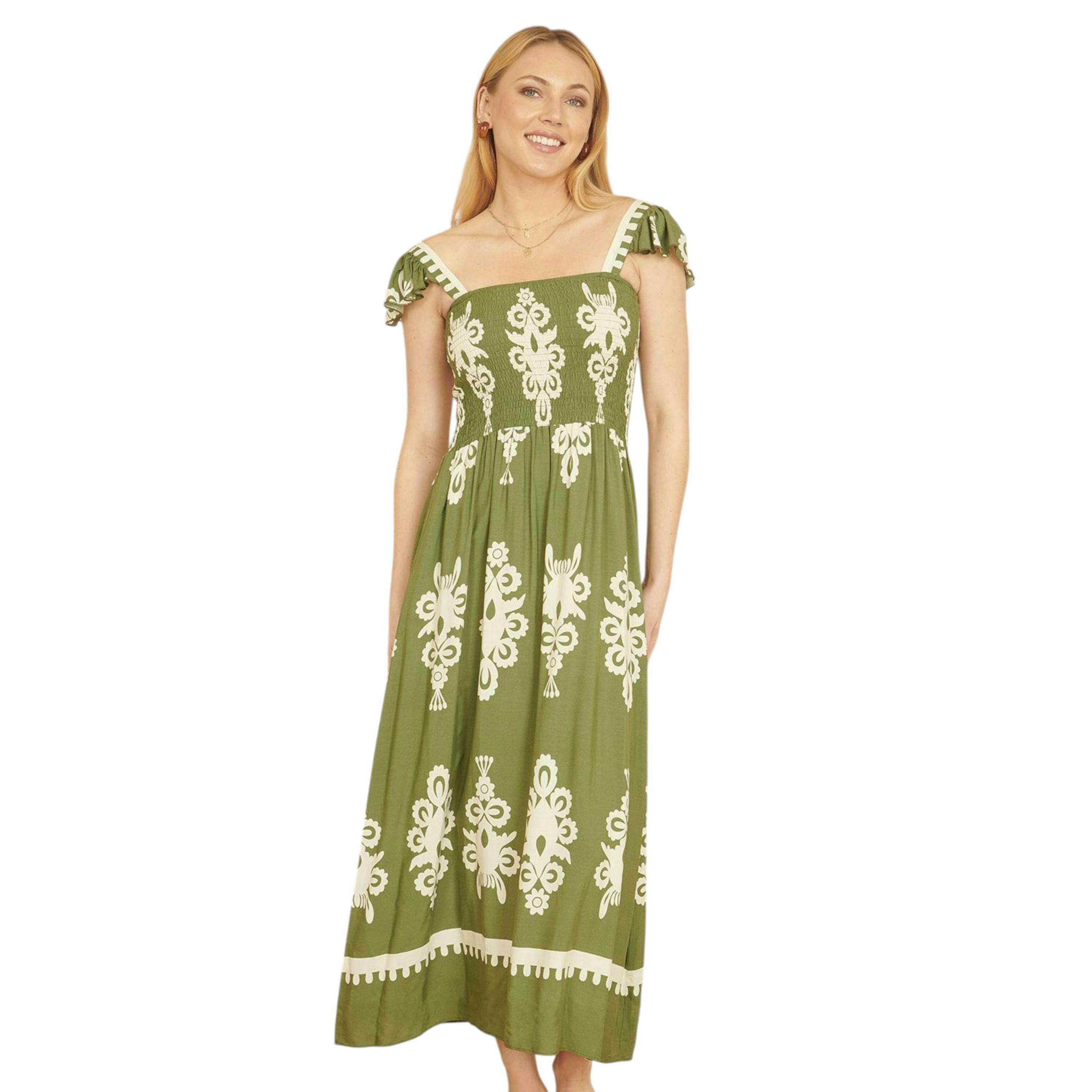 Yumi Green Block Print Ruched Maxi Dress , view 1 of 5