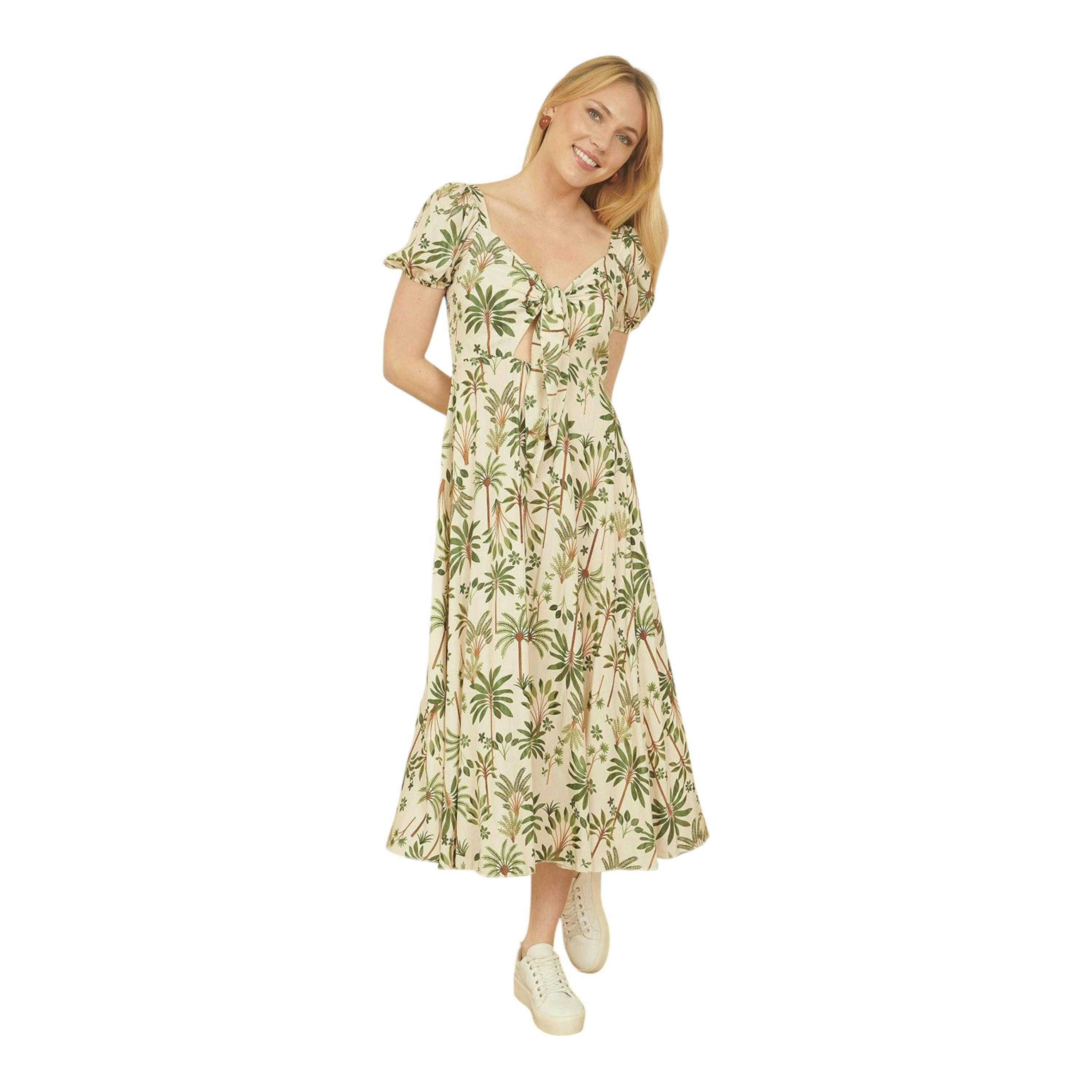 Yumi White Cotton Palm Print Ruched Midi Dress , view 1 of 4
