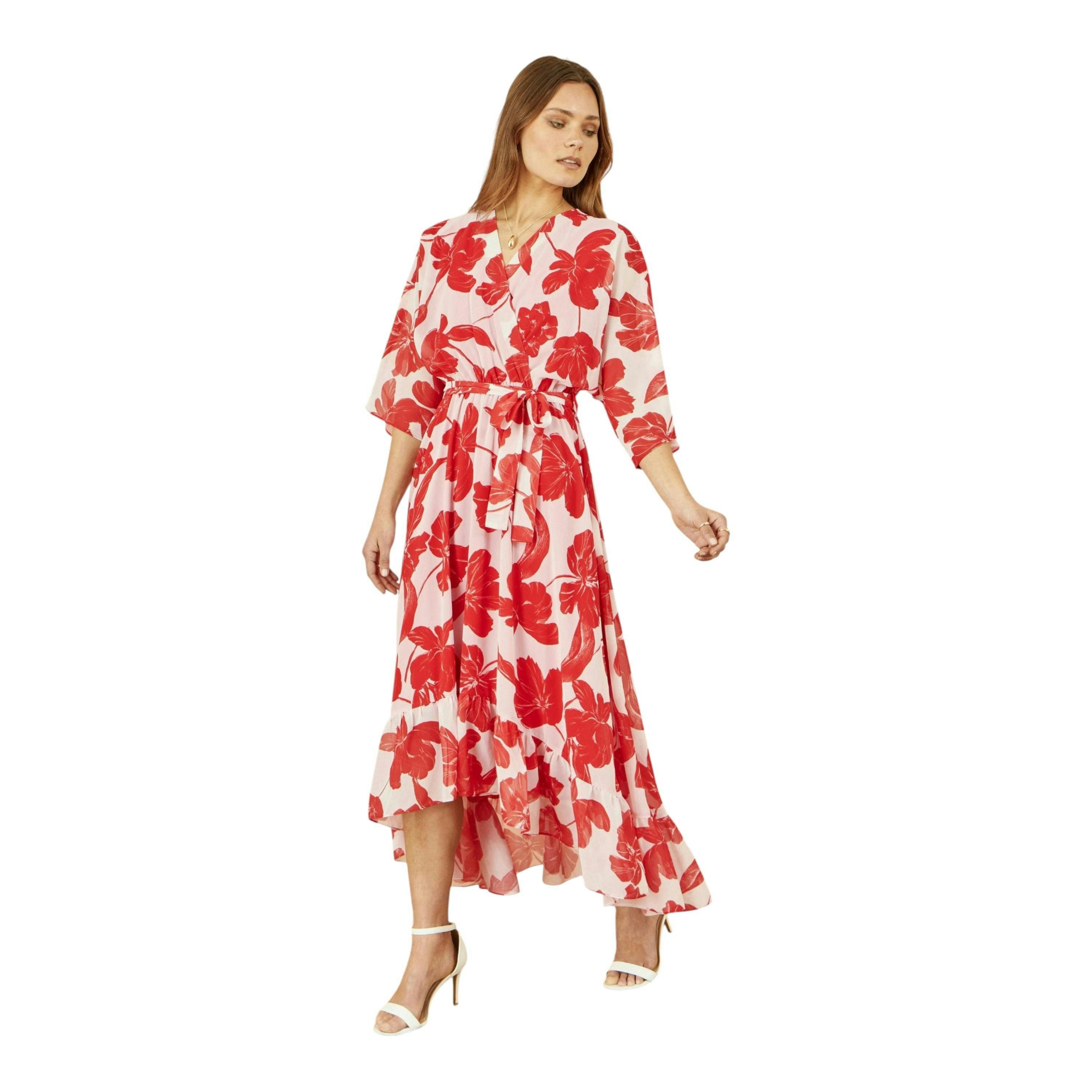 Yumi Red Kimono Sleeves Dip Hem Wrap Midi Dress , view 1 of 6