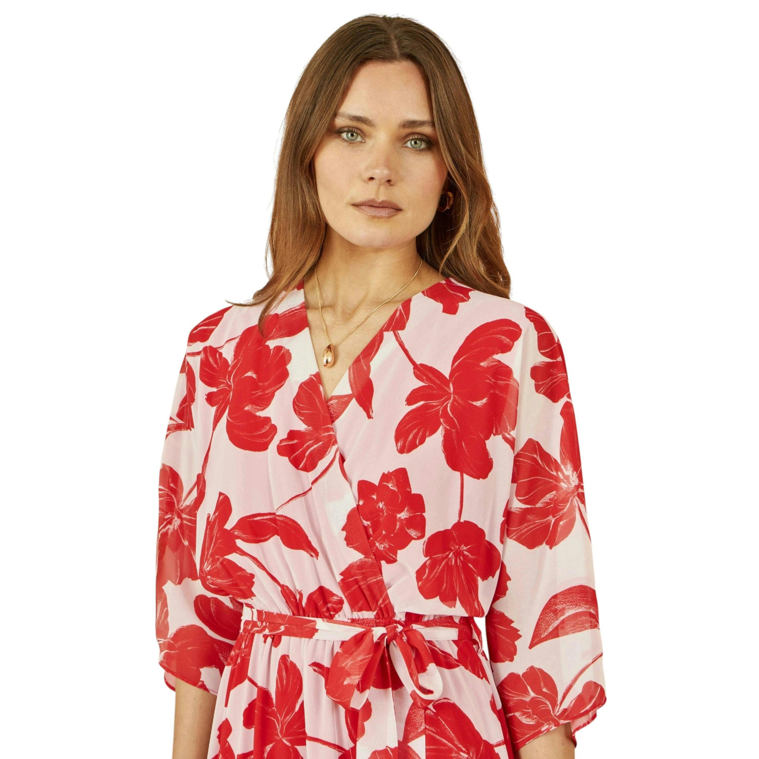 Yumi Red Kimono Sleeves Dip Hem Wrap Midi Dress , view 2 of 6