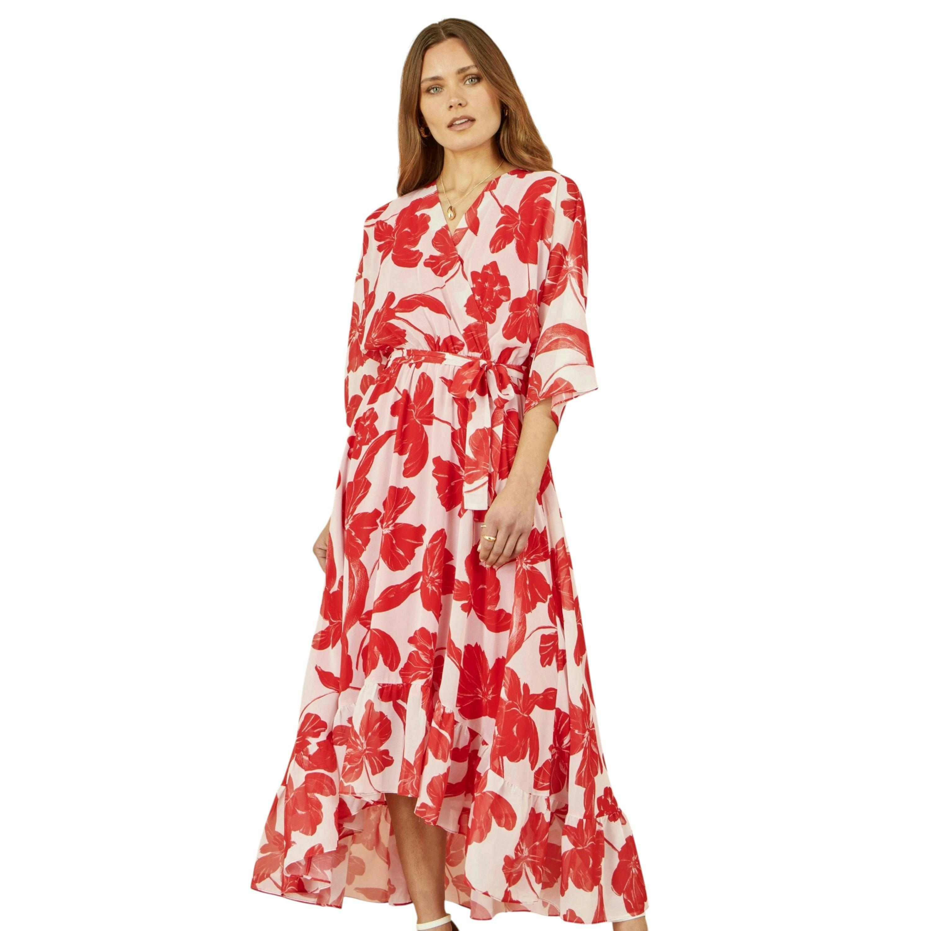 Yumi Red Kimono Sleeves Dip Hem Wrap Midi Dress , view 3 of 6