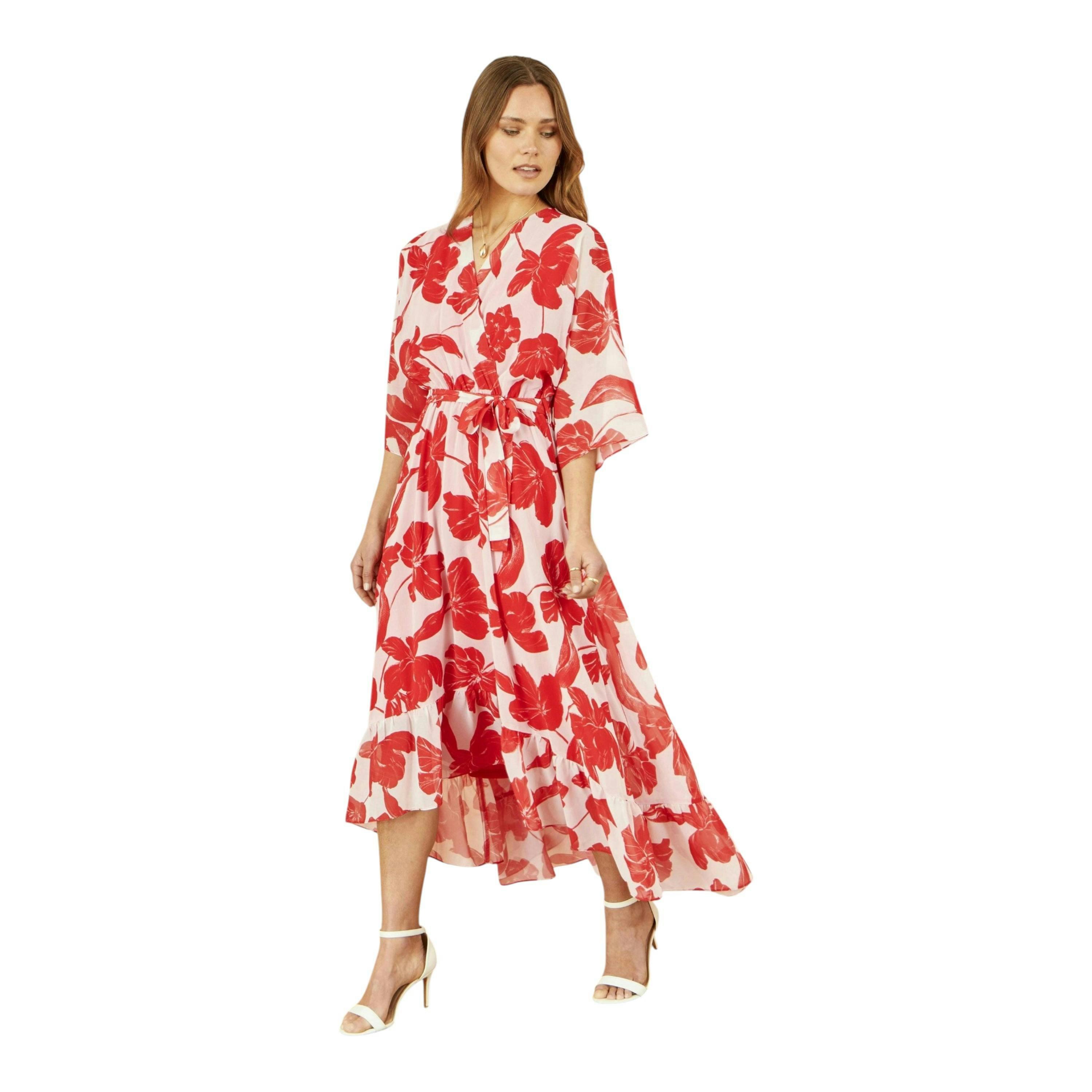 Yumi Red Kimono Sleeves Dip Hem Wrap Midi Dress , view 4 of 6