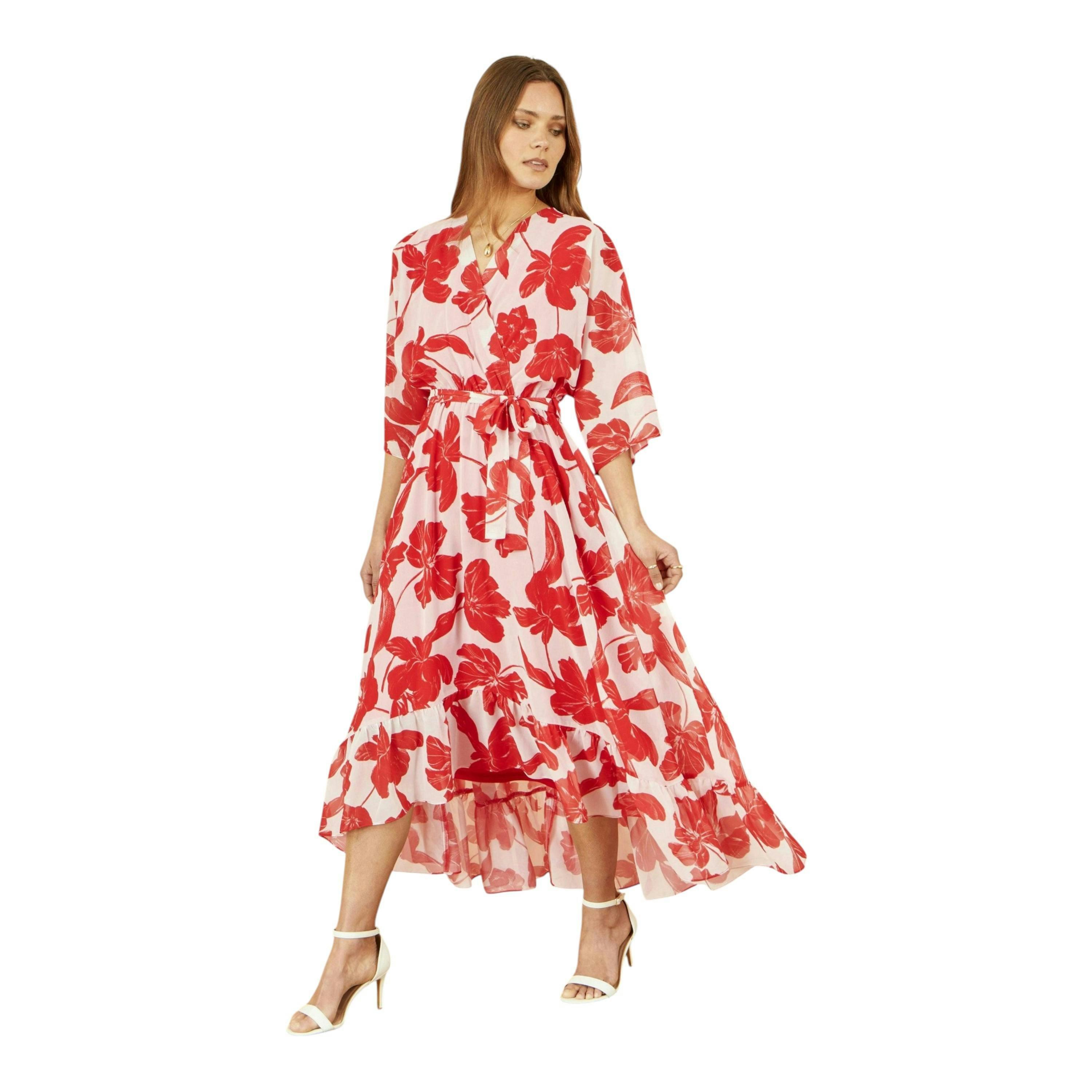 Yumi Red Kimono Sleeves Dip Hem Wrap Midi Dress , view 5 of 6