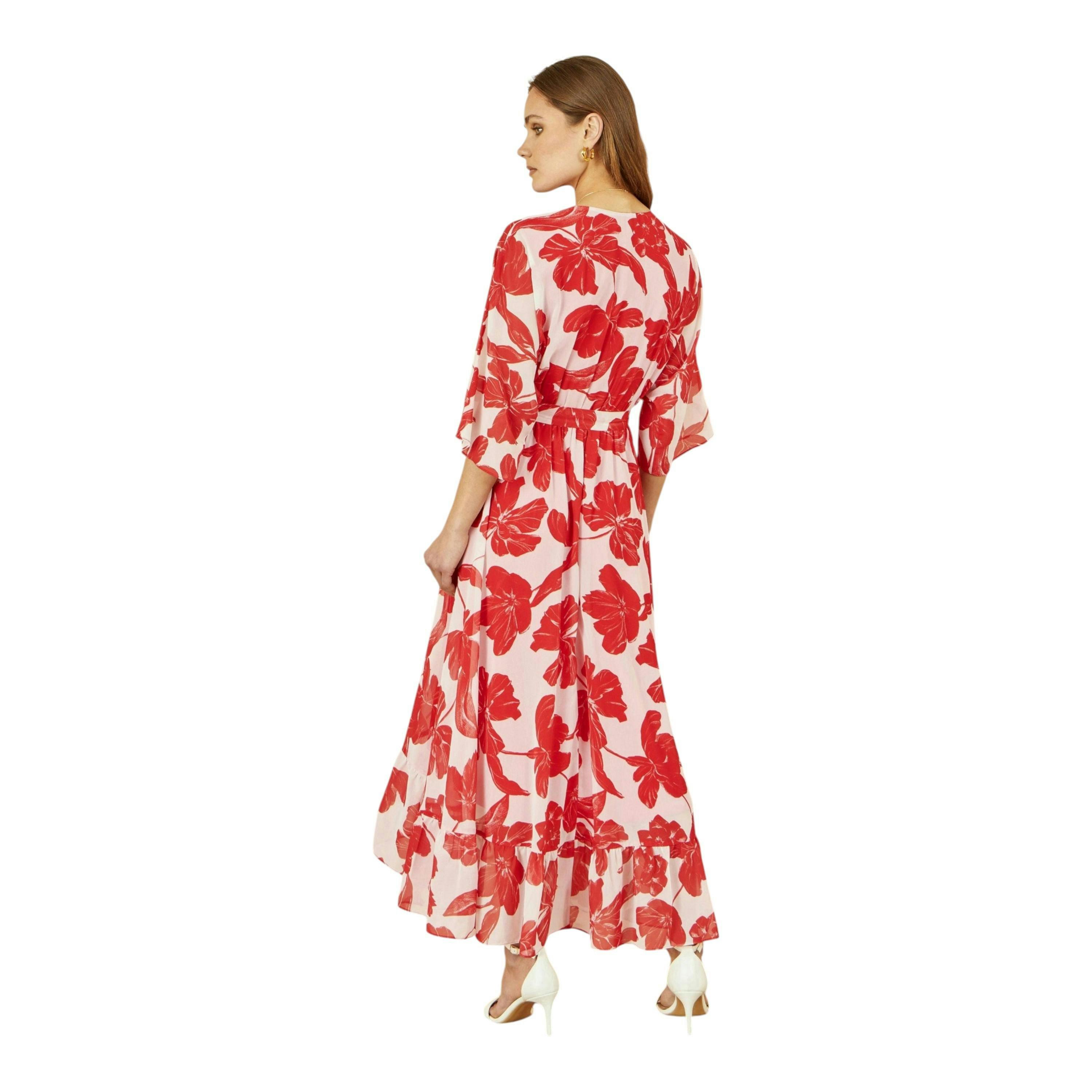 Yumi Red Kimono Sleeves Dip Hem Wrap Midi Dress , view 6 of 6