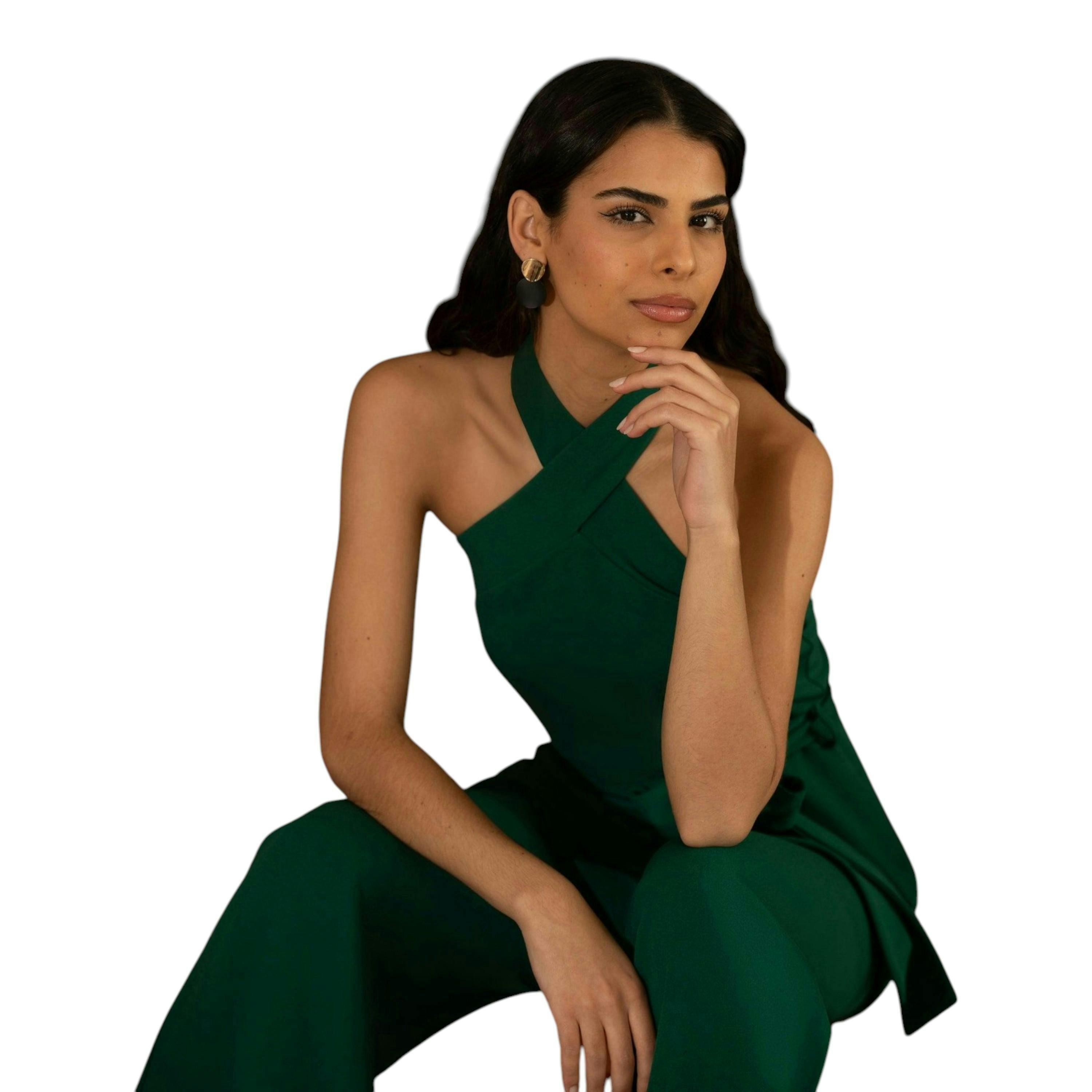 Yumi Green Cross Over Halter Neck Jumpsuit , view 2 of 4