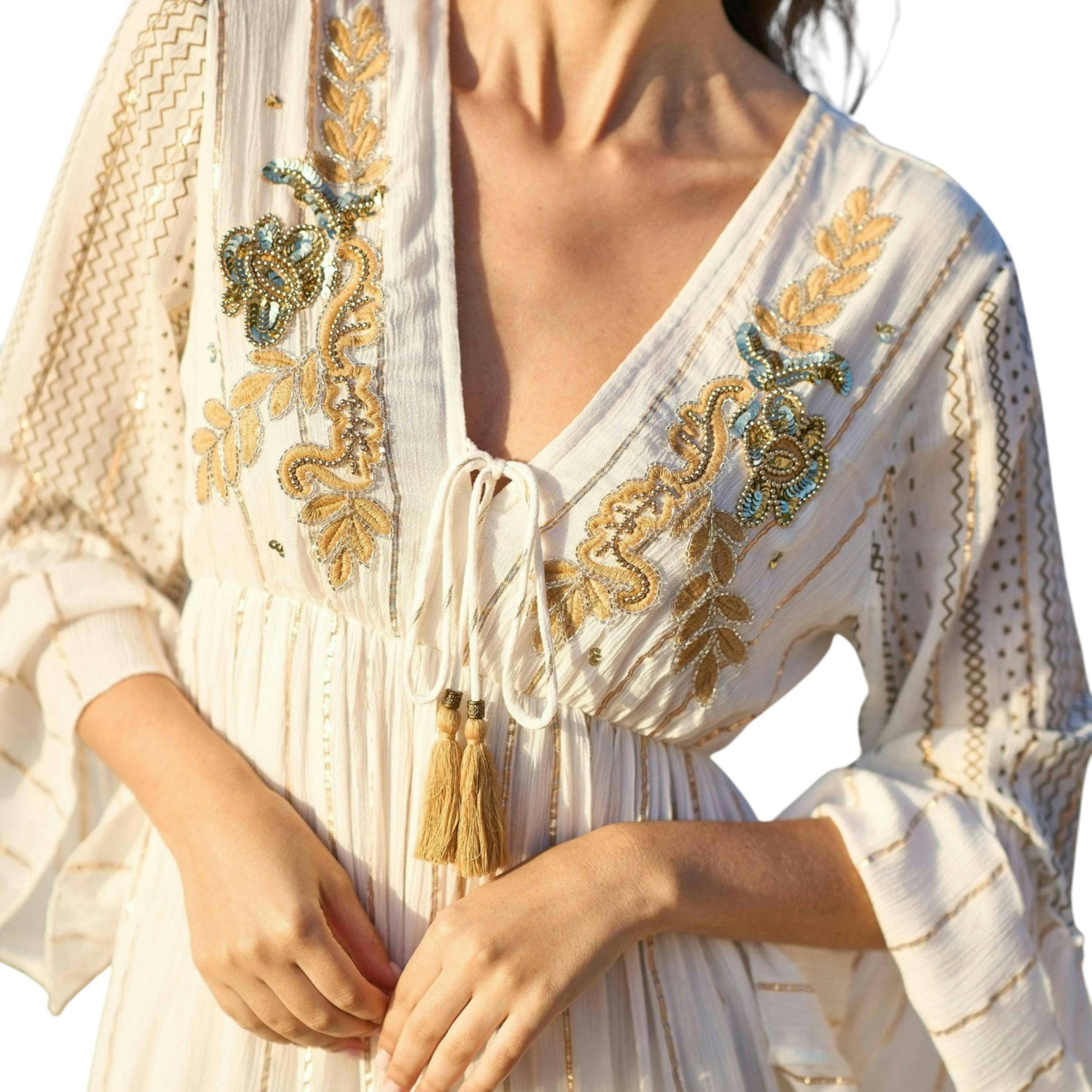Yumi White Metallic Embellished Maxi Dress With Long Sleeves , view 1 of 6