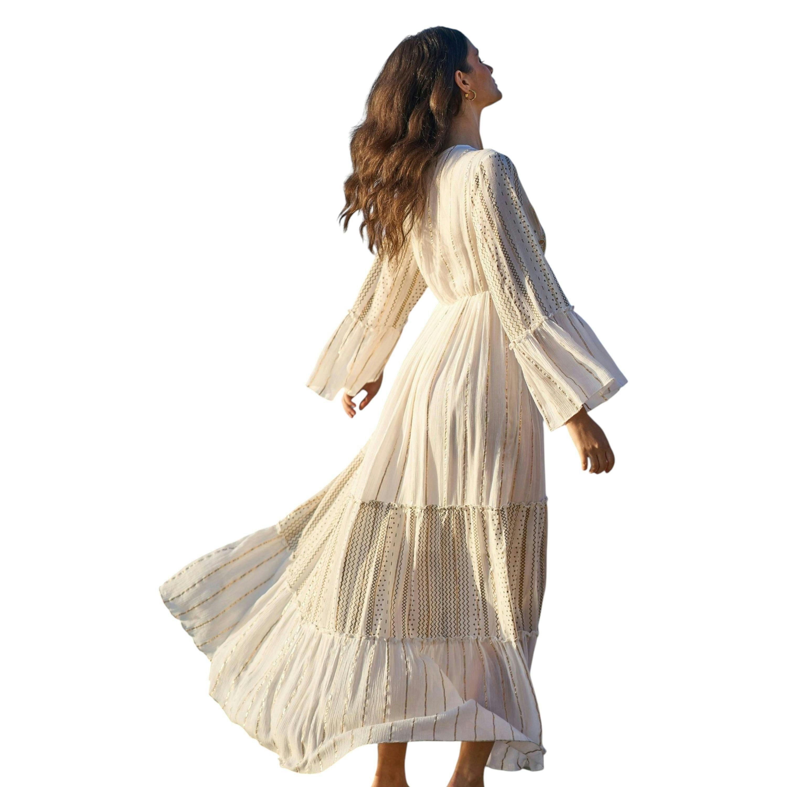 Yumi White Metallic Embellished Maxi Dress With Long Sleeves , view 2 of 6
