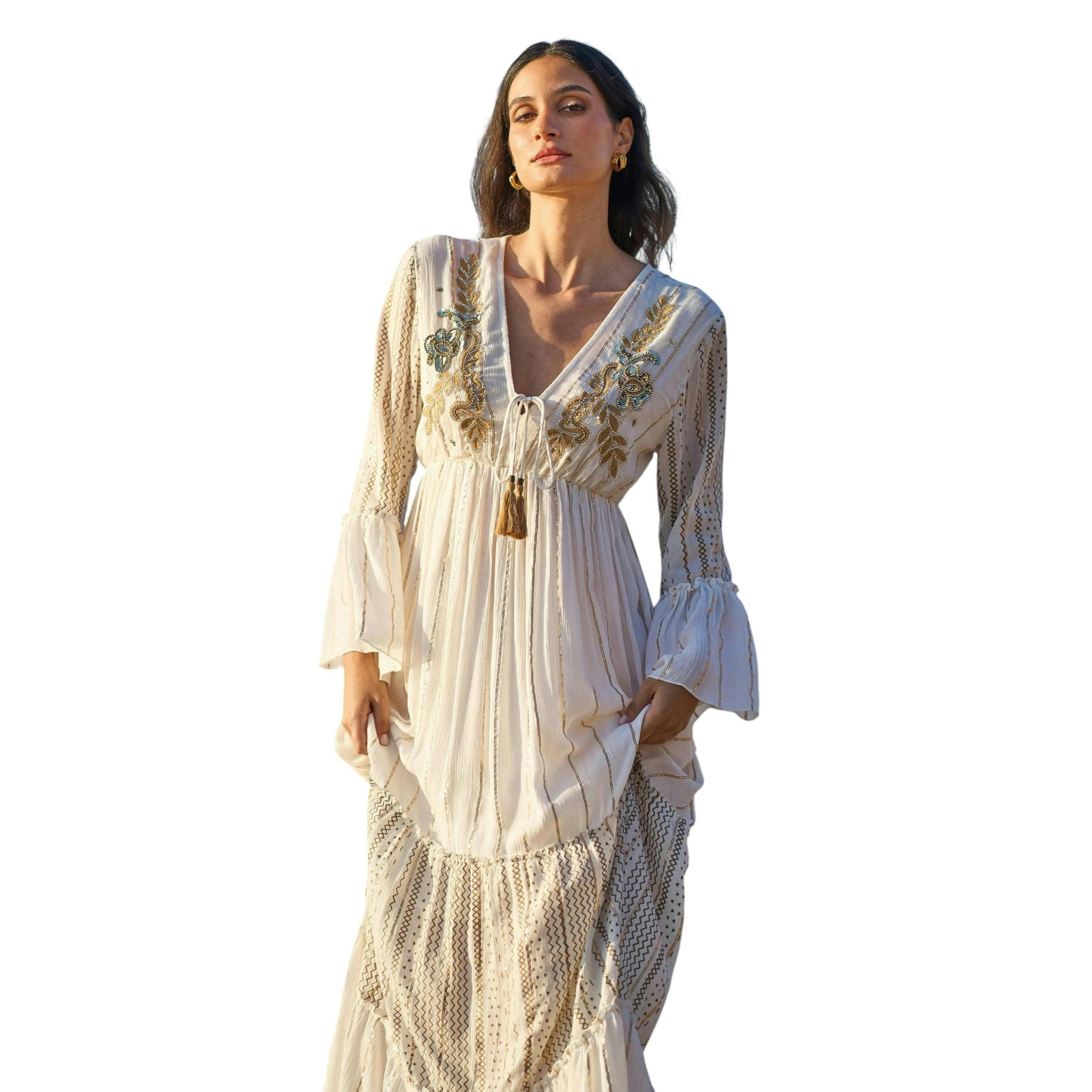 Yumi White Metallic Embellished Maxi Dress With Long Sleeves , view 3 of 6