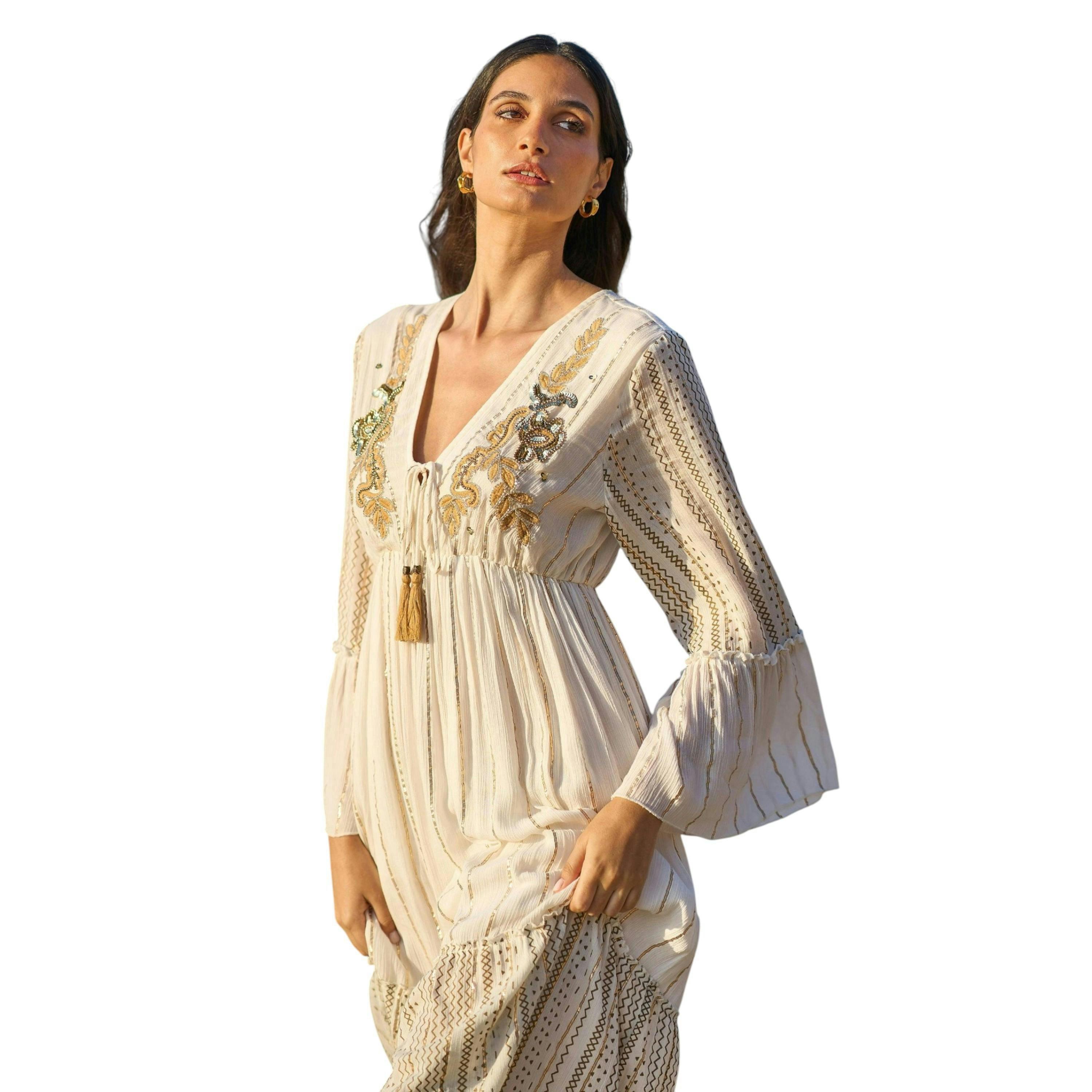 Yumi White Metallic Embellished Maxi Dress With Long Sleeves , view 4 of 6