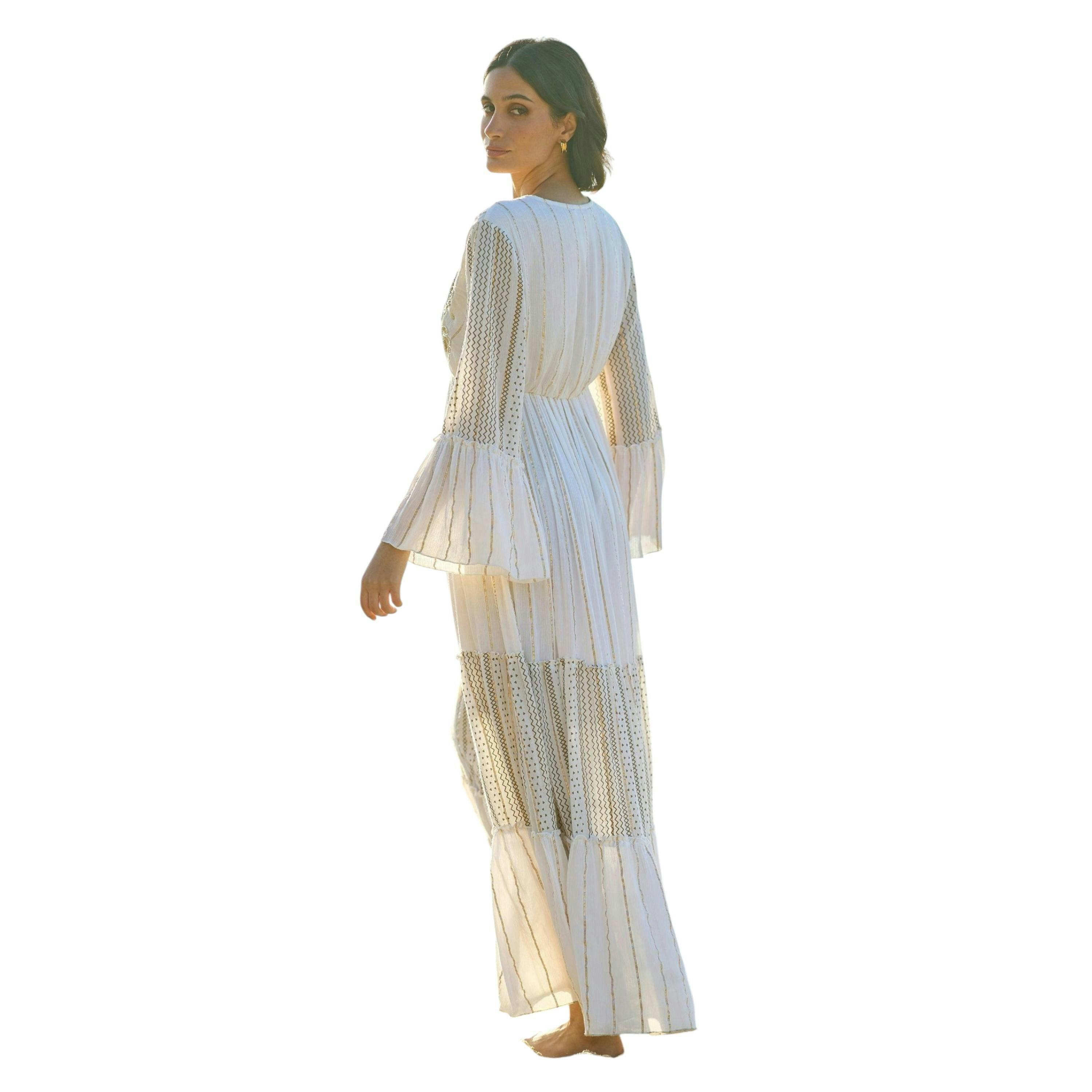Yumi White Metallic Embellished Maxi Dress With Long Sleeves , view 5 of 6