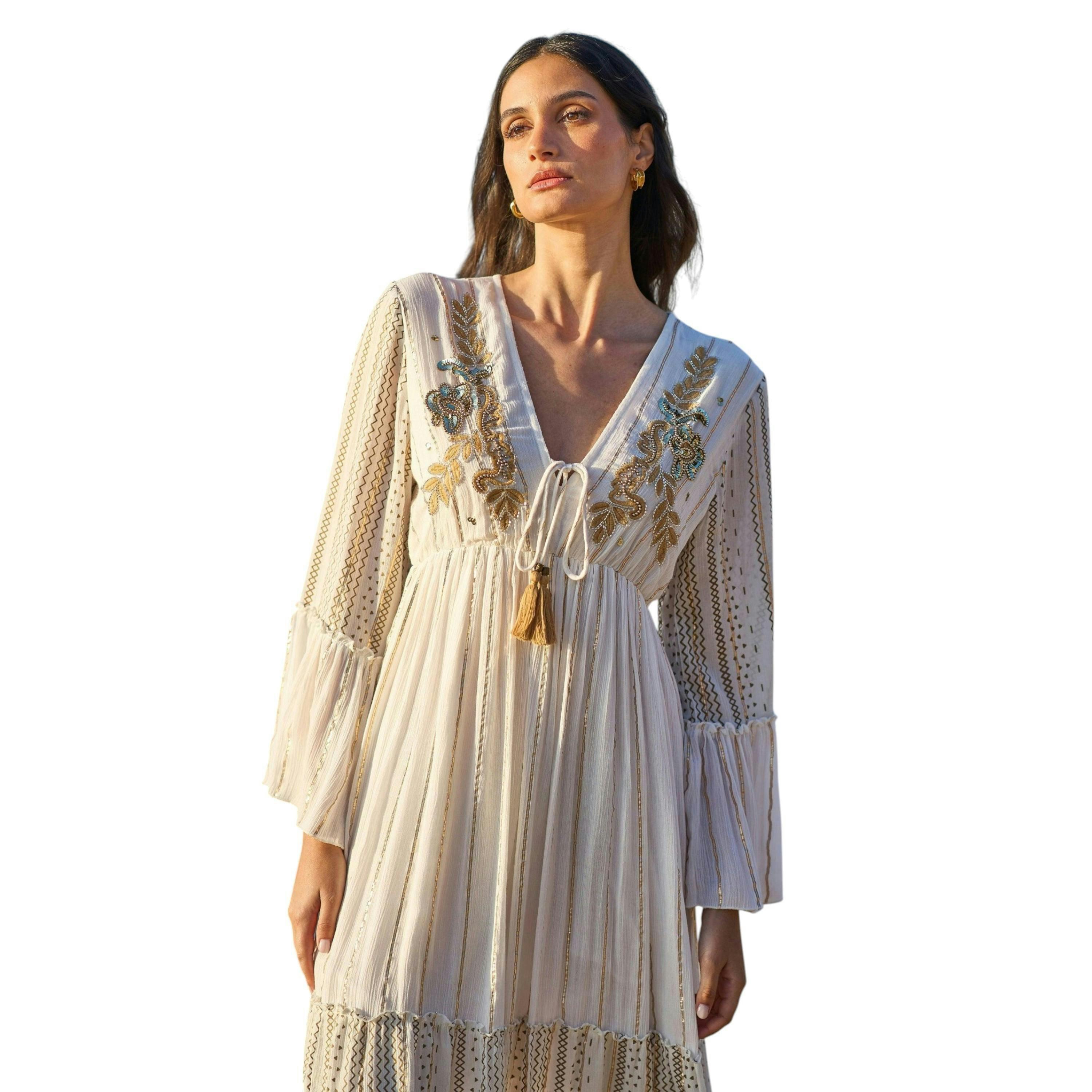 Yumi White Metallic Embellished Maxi Dress With Long Sleeves , view 6 of 6