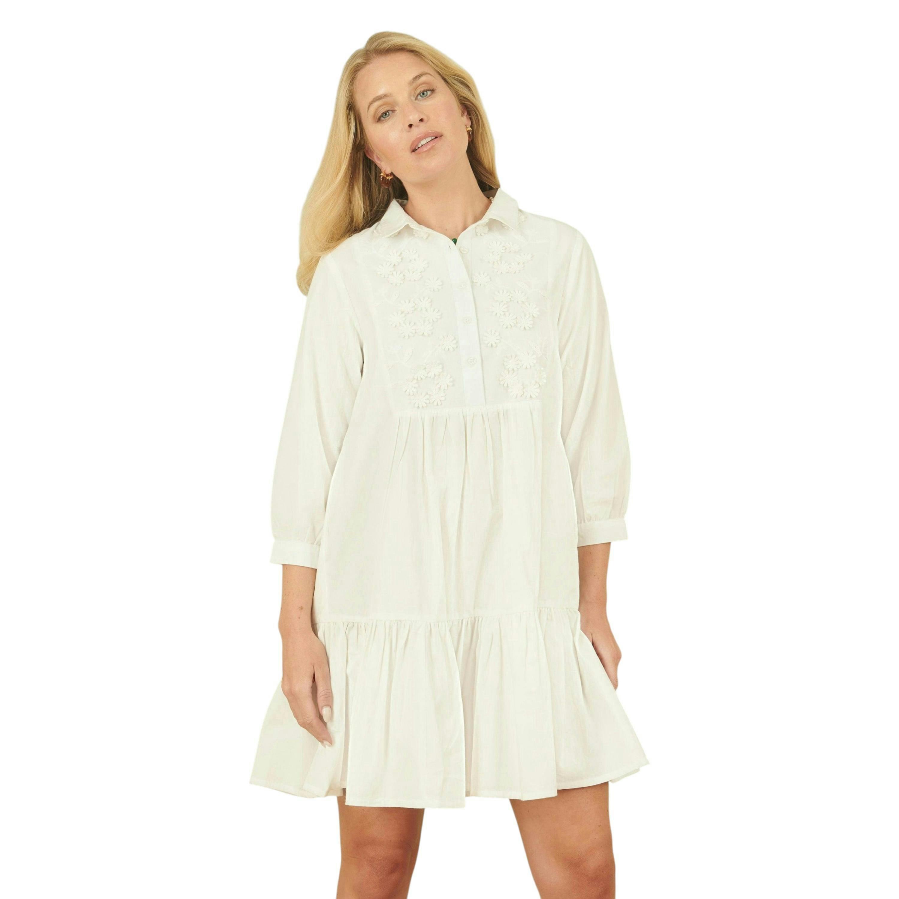 Yumi White Cotton Flower Tunic Dress , view 1 of 4