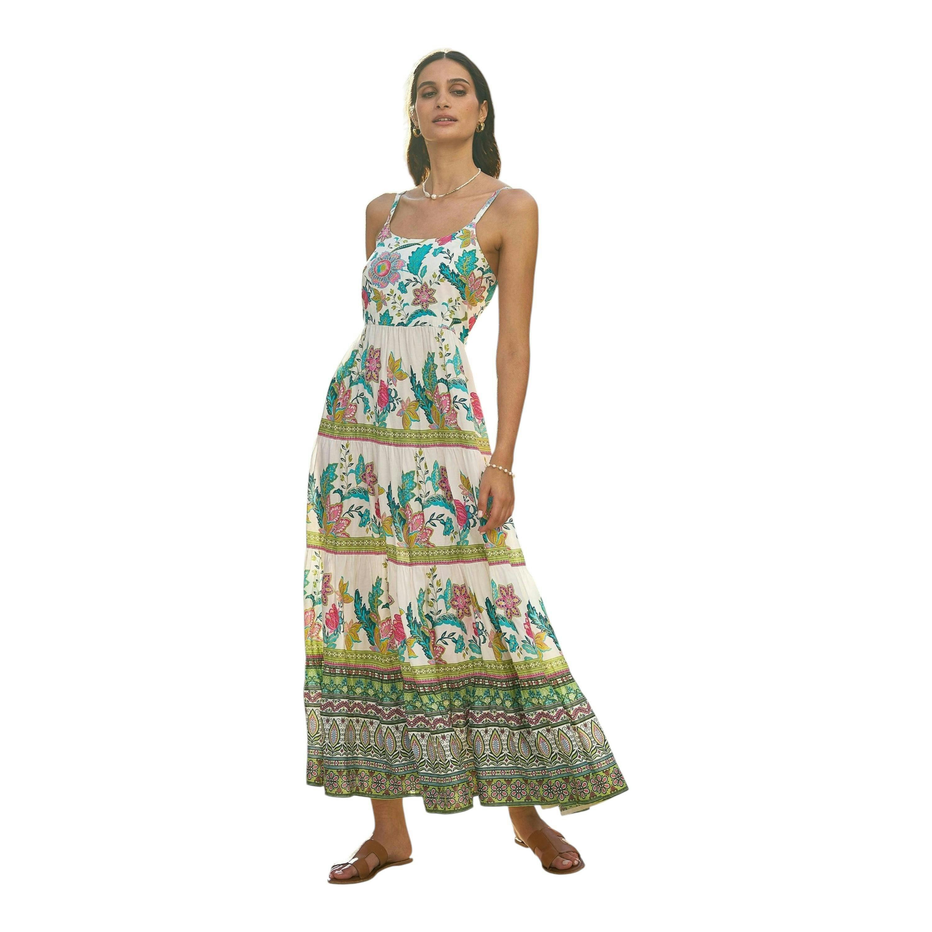 Yumi White Floral Block Print Tiered Maxi Sun Dress , view 1 of 4