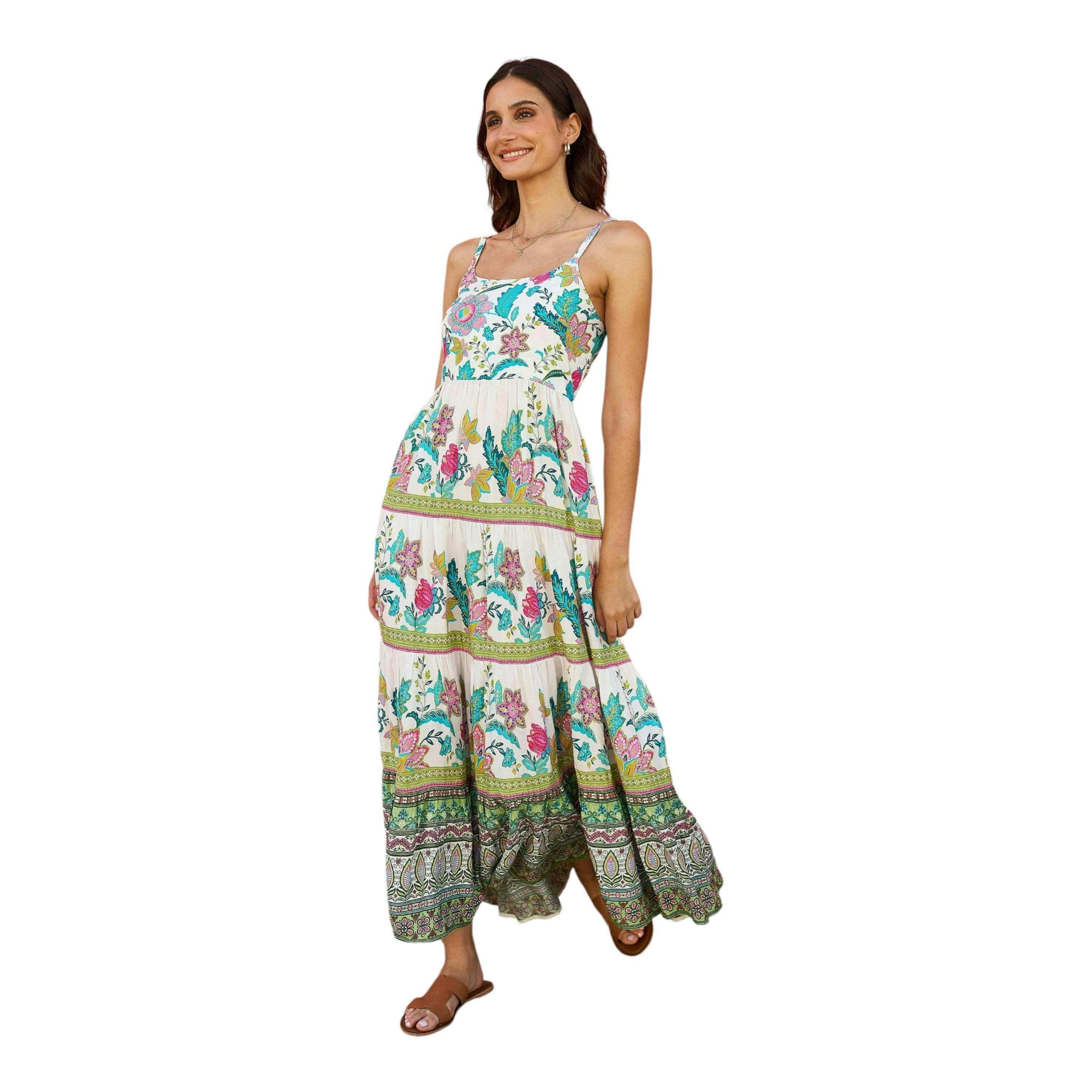 Yumi White Floral Block Print Tiered Maxi Sun Dress , view 2 of 4