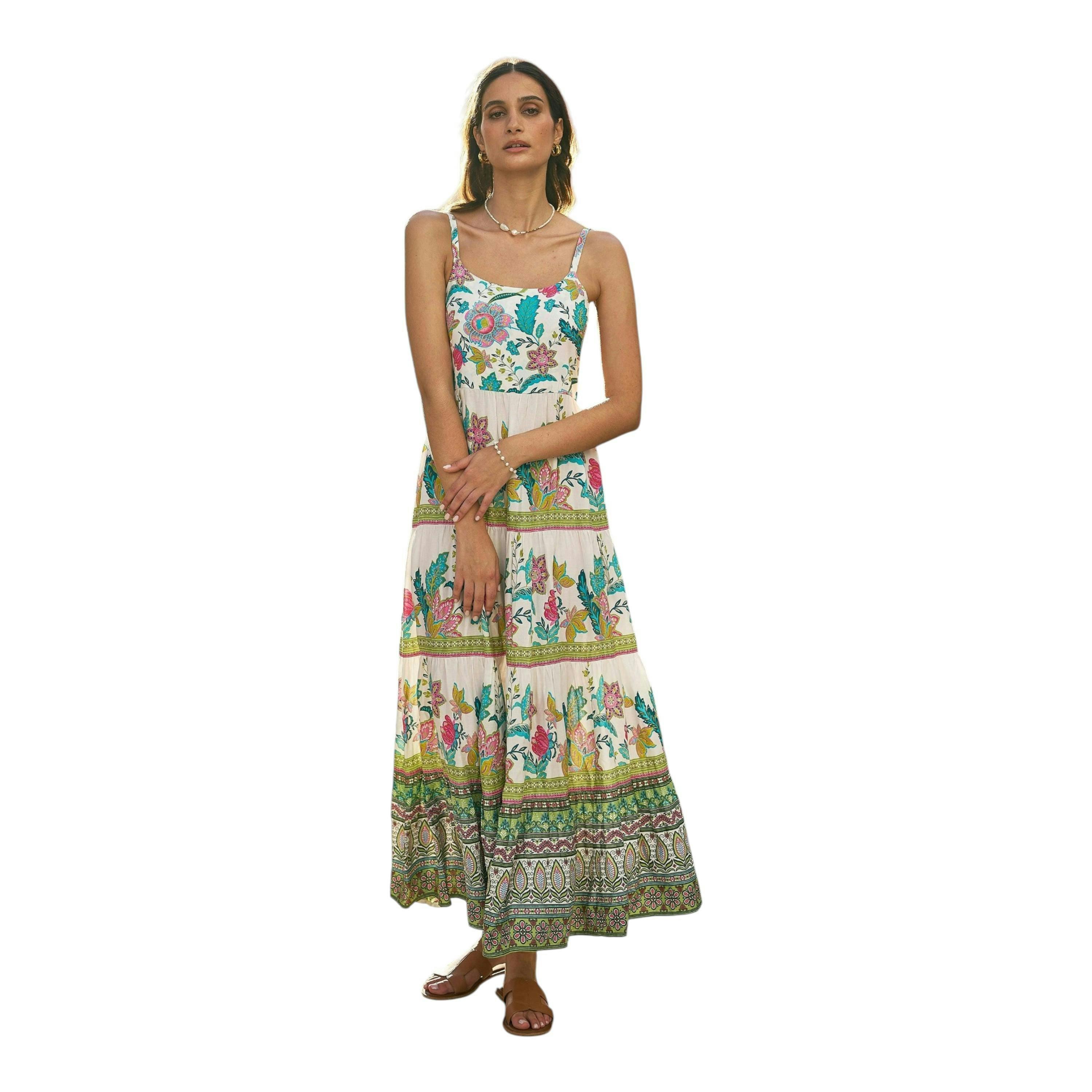 Yumi White Floral Block Print Tiered Maxi Sun Dress , view 3 of 4
