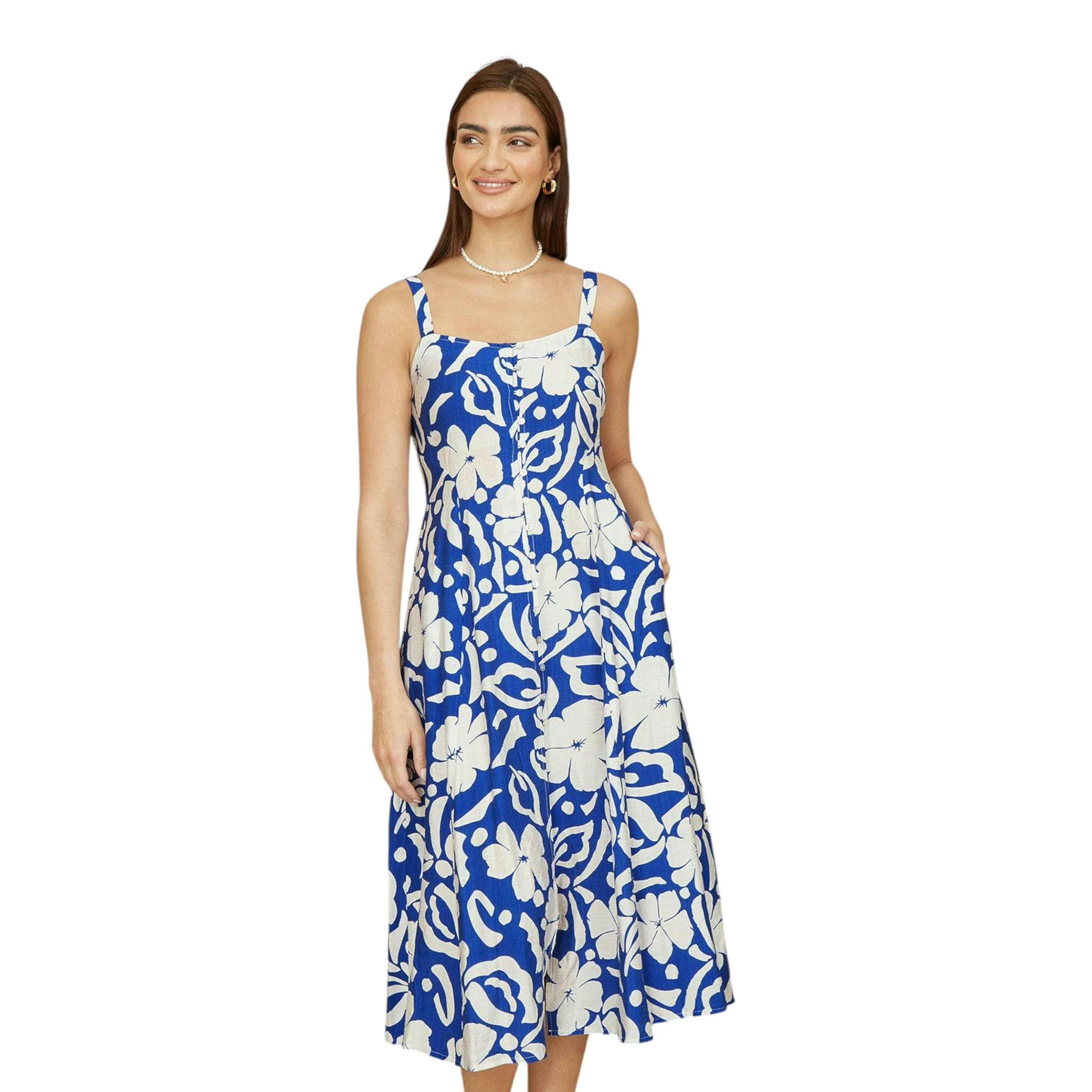 Yumi Blue Floral Button Through Midi Dress , view 1 of 4