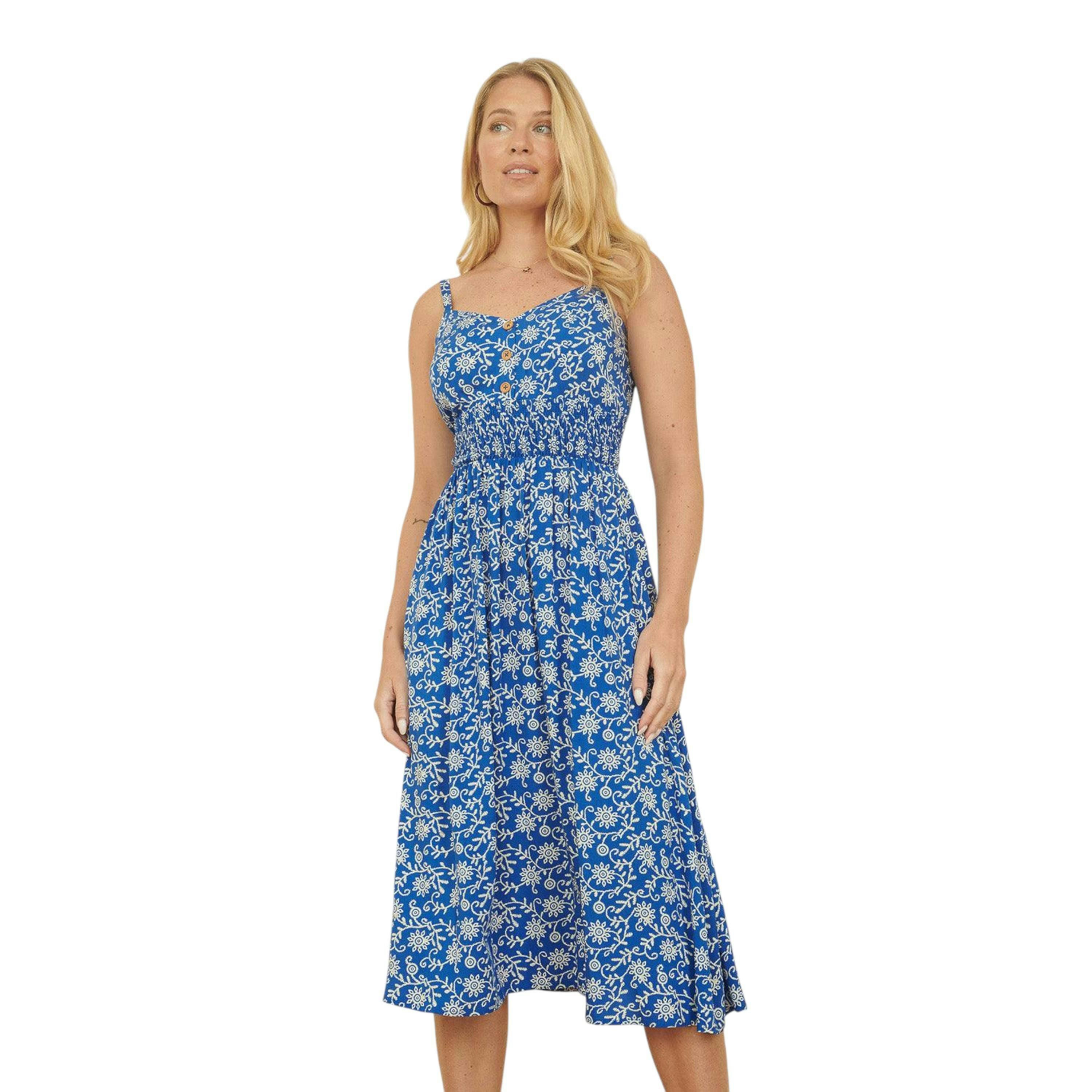 Yumi Blue Block Print Midi Sun Dress With Button Details , view 1 of 4