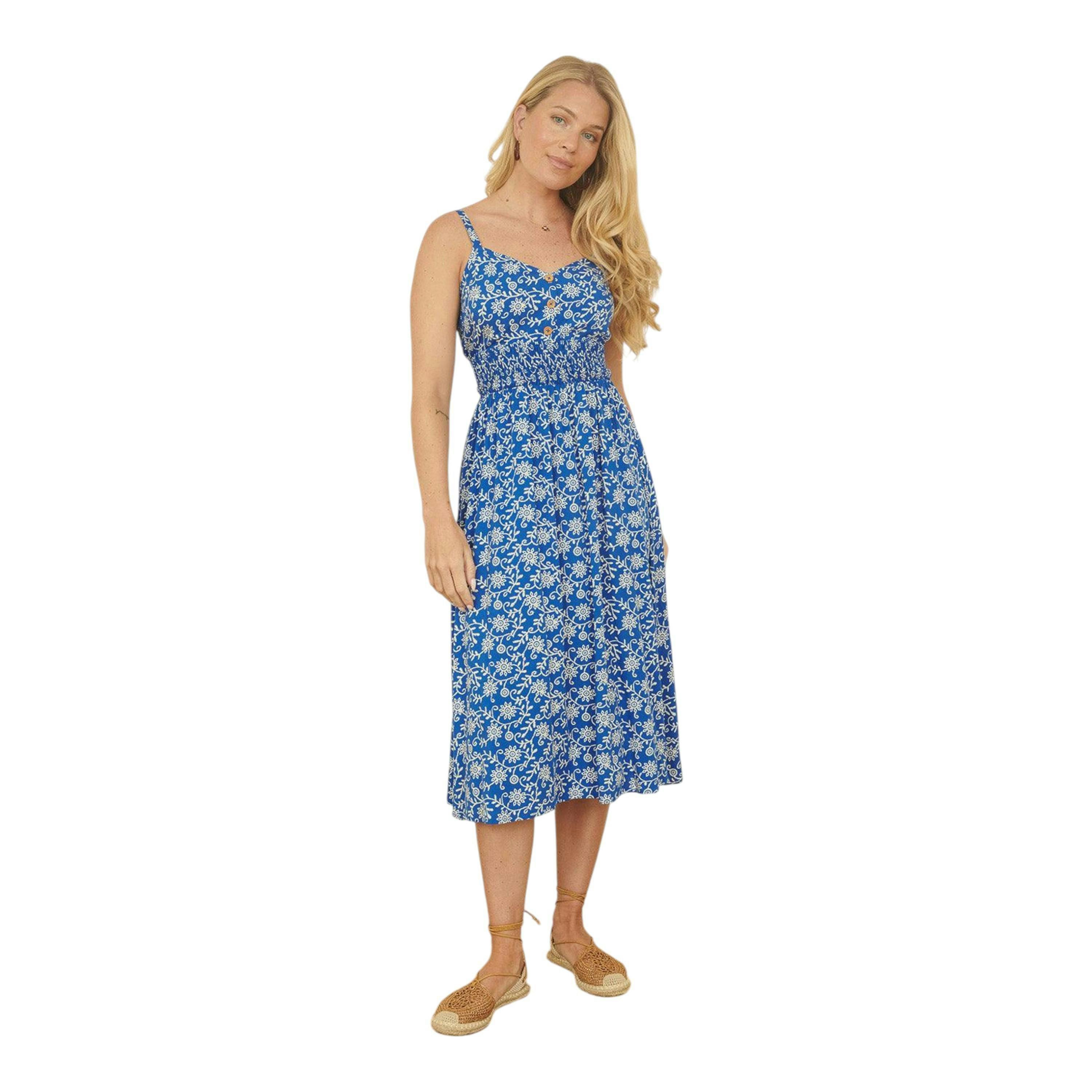 Yumi Blue Block Print Midi Sun Dress With Button Details , view 2 of 4