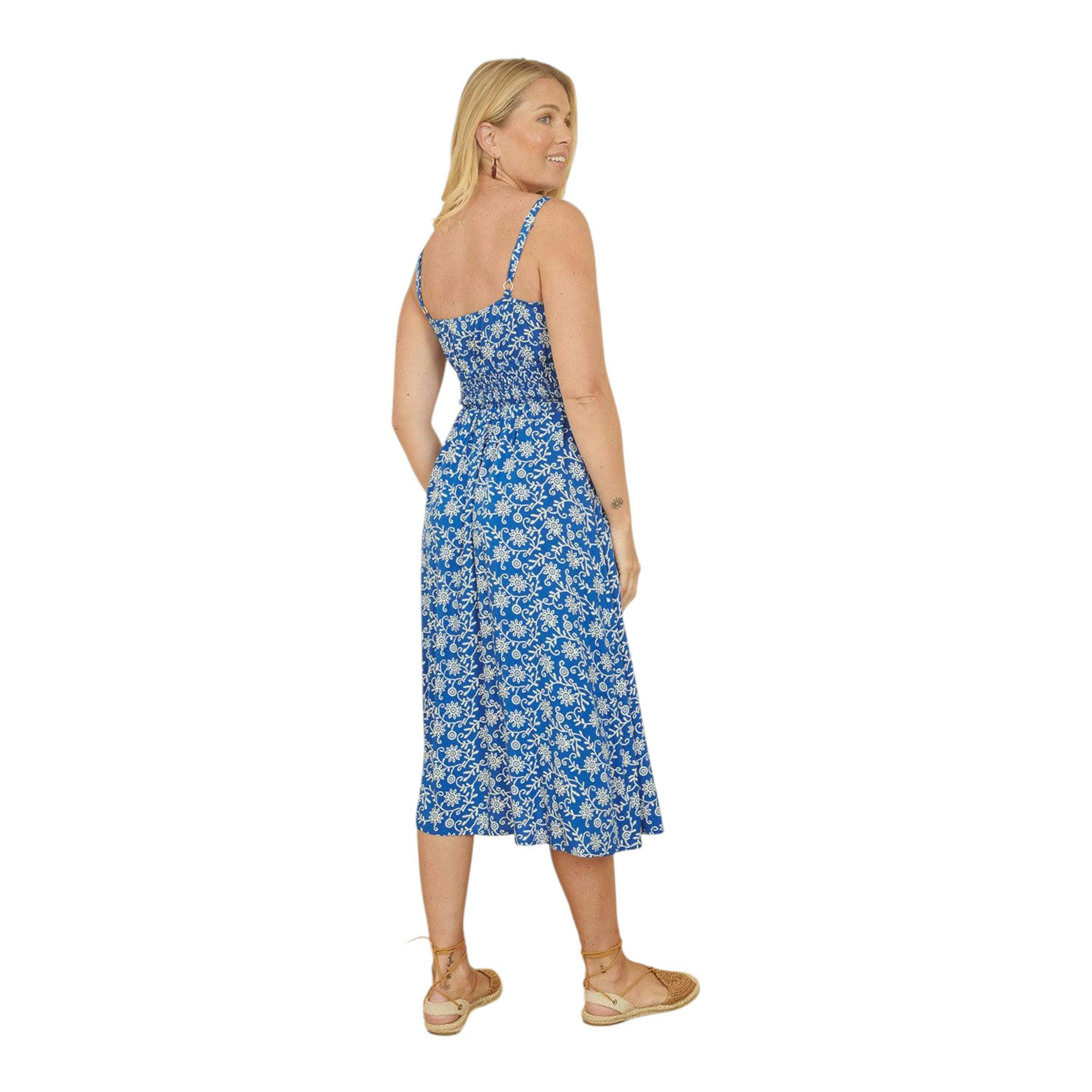Yumi Blue Block Print Midi Sun Dress With Button Details , view 3 of 4