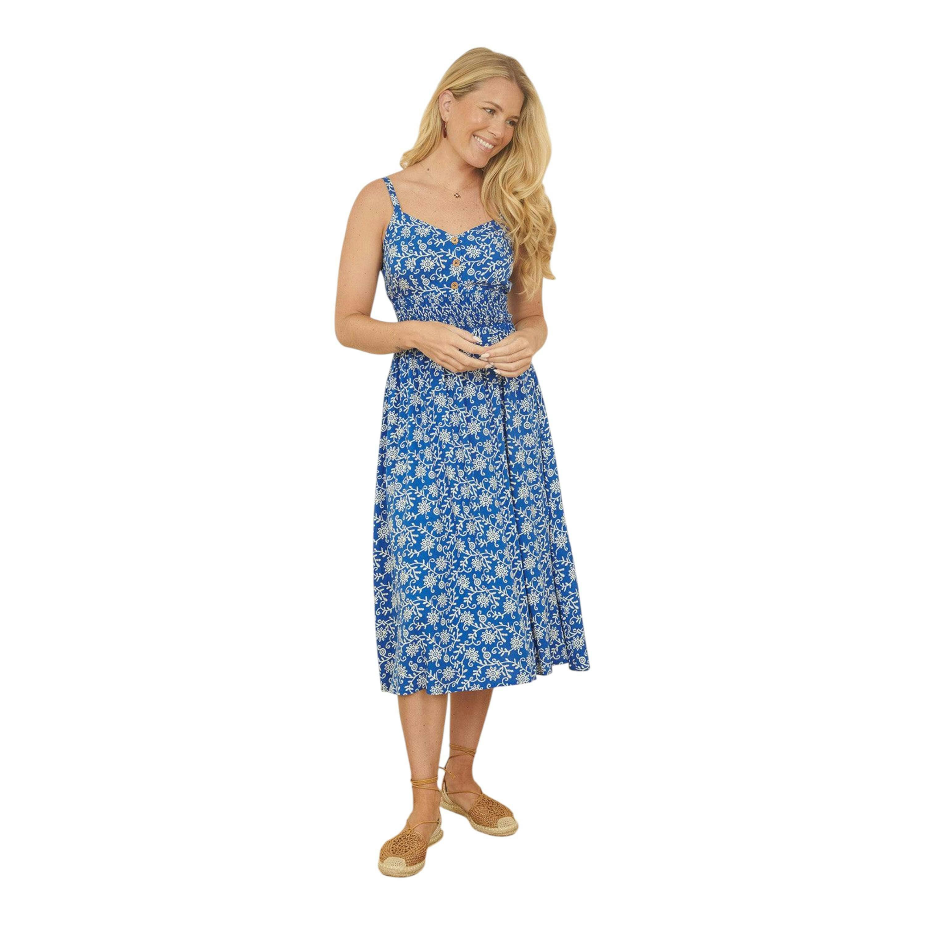 Yumi Blue Block Print Midi Sun Dress With Button Details , view 4 of 4