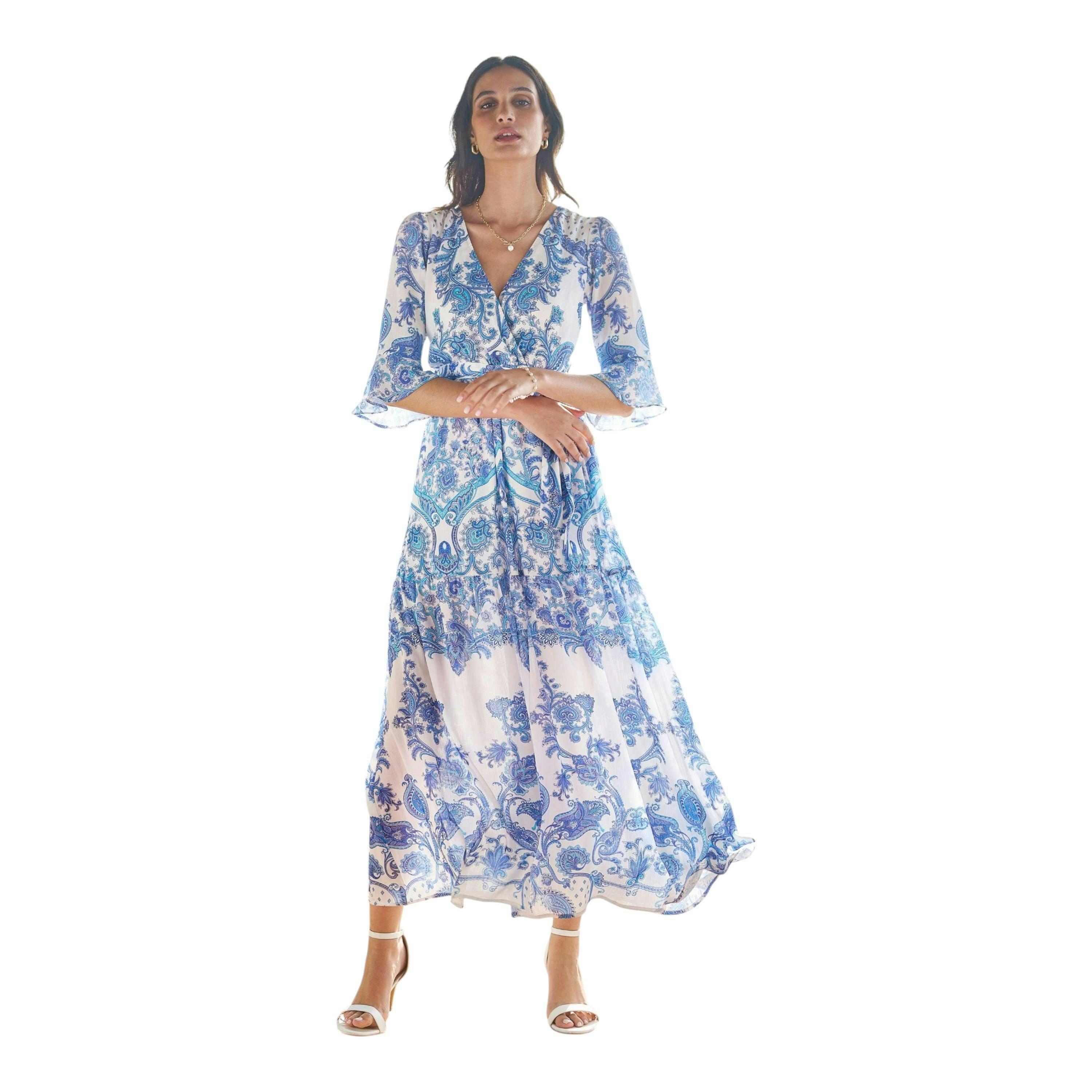Yumi Blue Paisley Wrap Maxi Dress With 3/4 Sleeve , view 1 of 6