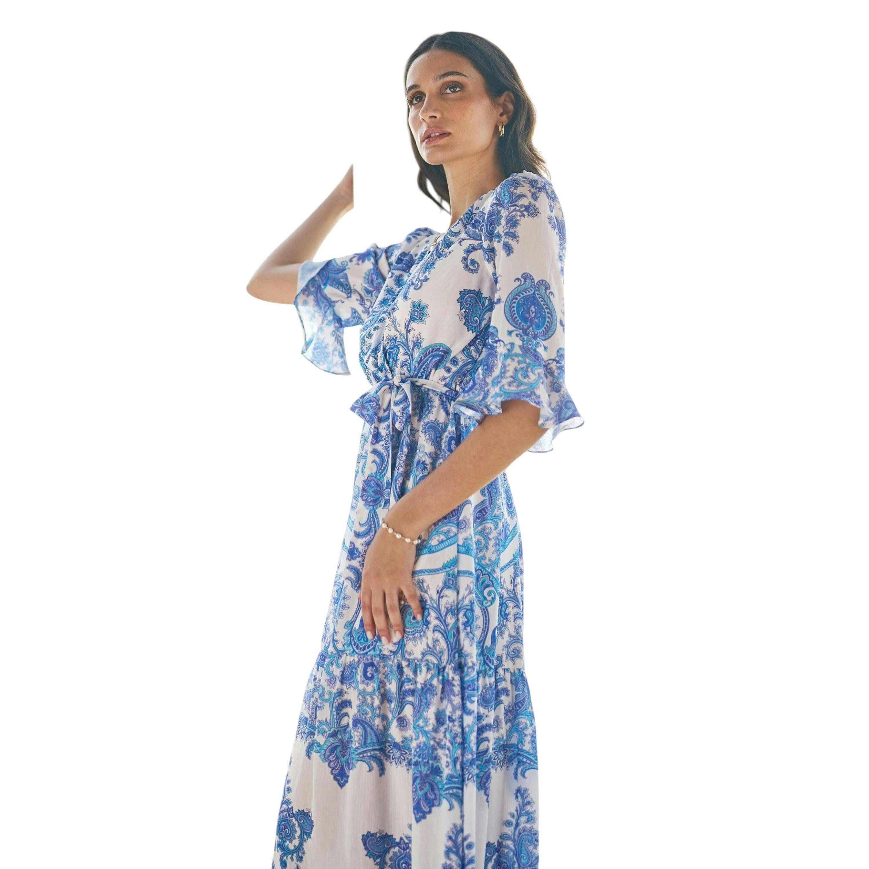 Yumi Blue Paisley Wrap Maxi Dress With 3/4 Sleeve , view 3 of 6