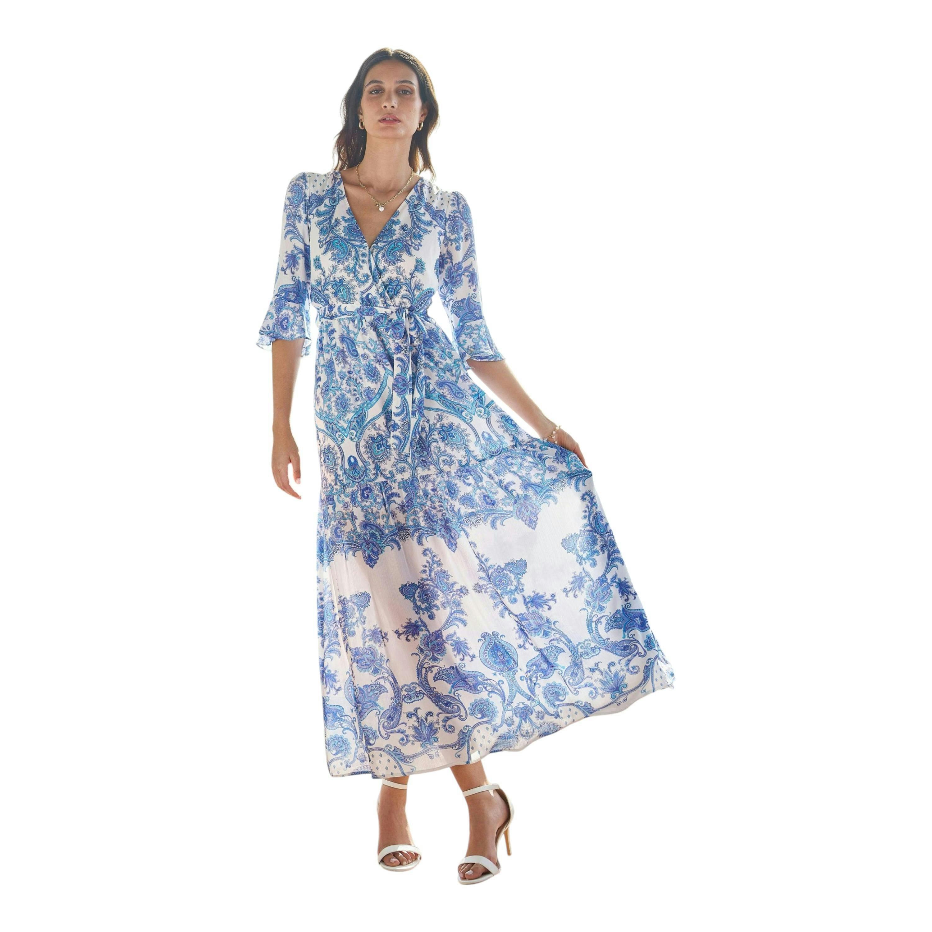 Yumi Blue Paisley Wrap Maxi Dress With 3/4 Sleeve , view 4 of 6