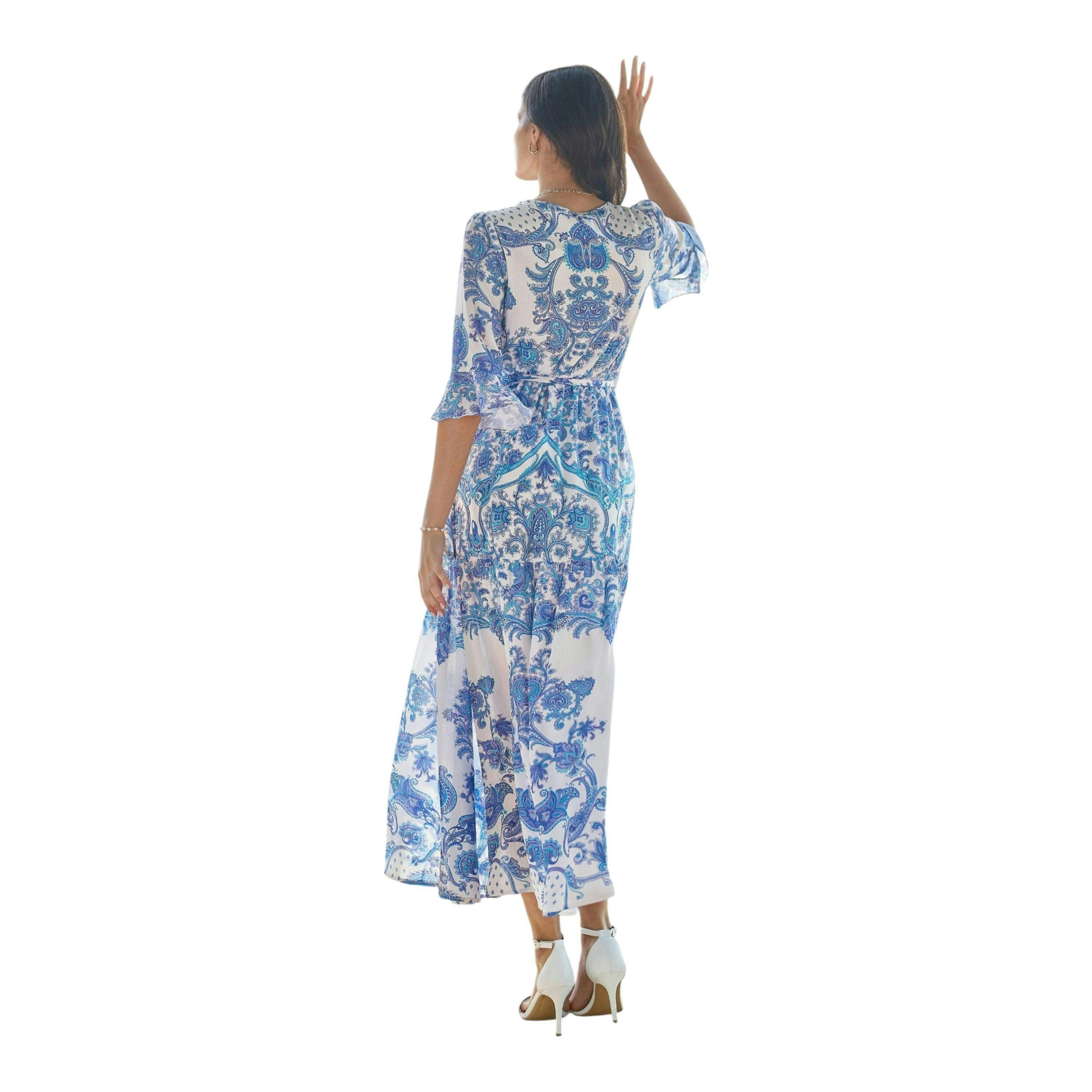 Yumi Blue Paisley Wrap Maxi Dress With 3/4 Sleeve , view 5 of 6