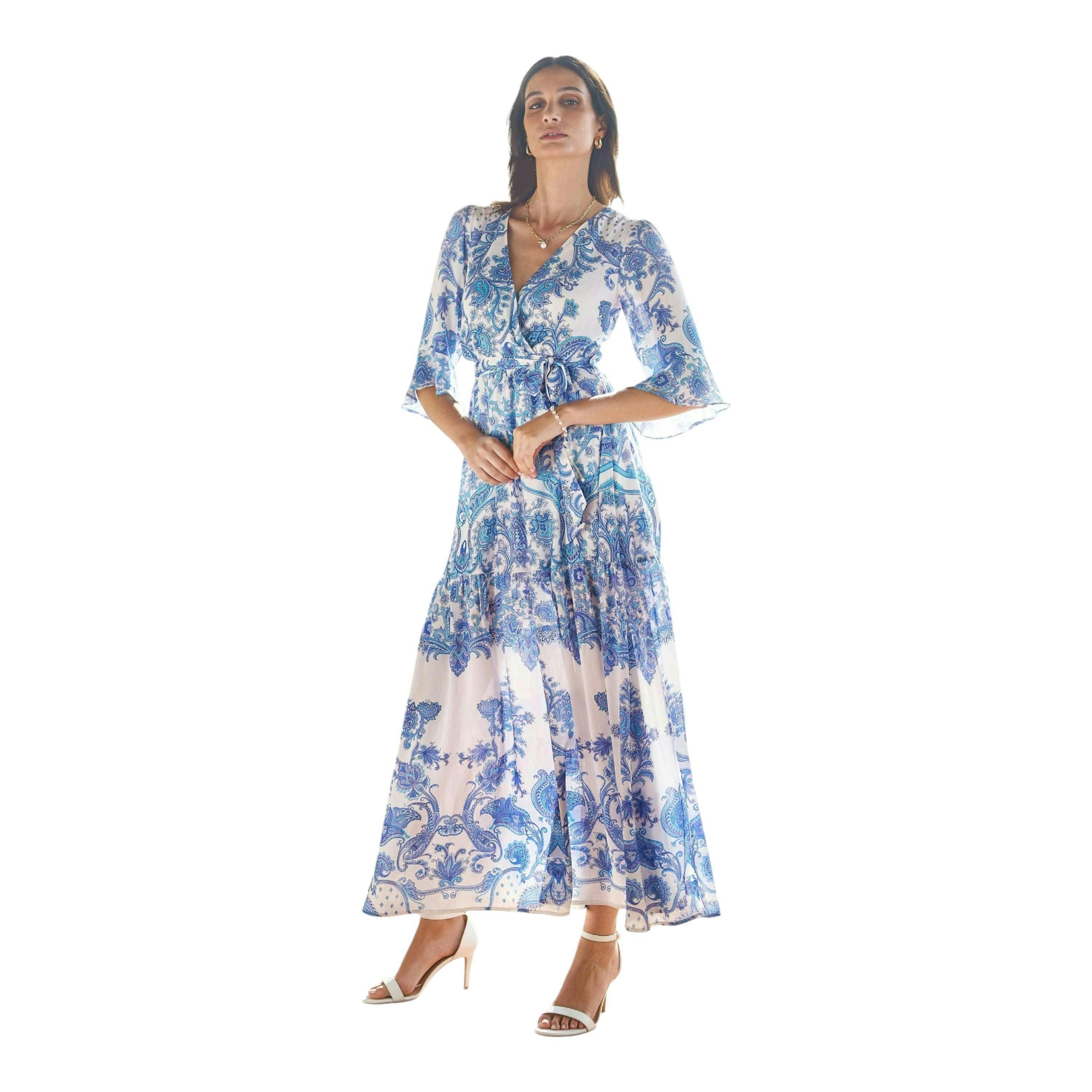 Yumi Blue Paisley Wrap Maxi Dress With 3/4 Sleeve , view 6 of 6