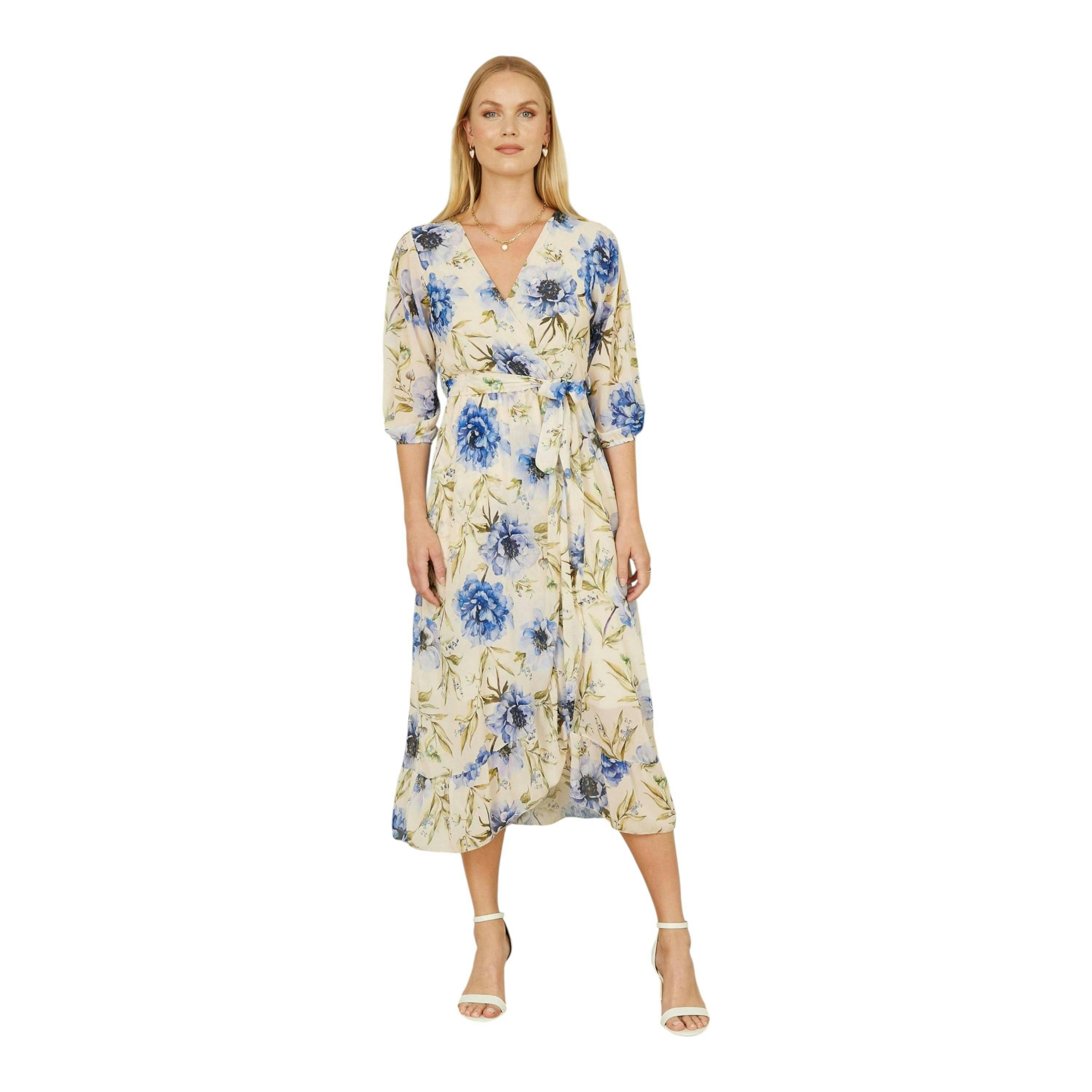 Yumi Cream Vintage Floral Wrap Midi Dress With Frill , view 1 of 6